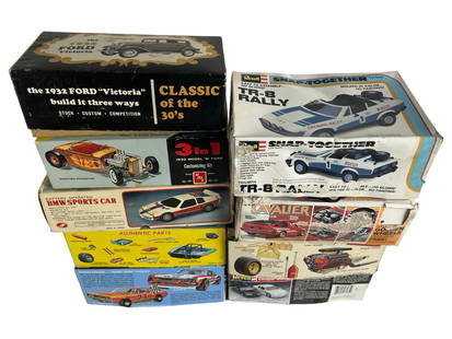 Vintage Racing & Classic Cars Plastic Model Kits: Vintage Racing & Classic Cars Plastic Model Kits. All appear to be in good unassembled or partially assembled condition. Come with 80's BMW Battery Operated Car.