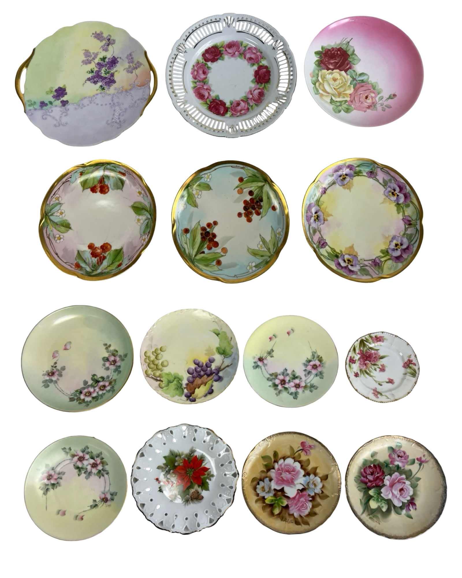 Antique Hand-Painted Porcelain Plates - Limoges, B: Charming collection of 15 antique and vintage porcelain plates, primarily hand-painted and featuring an array of delicate floral and fruit motifs. The set includes pieces from renowned makers such as