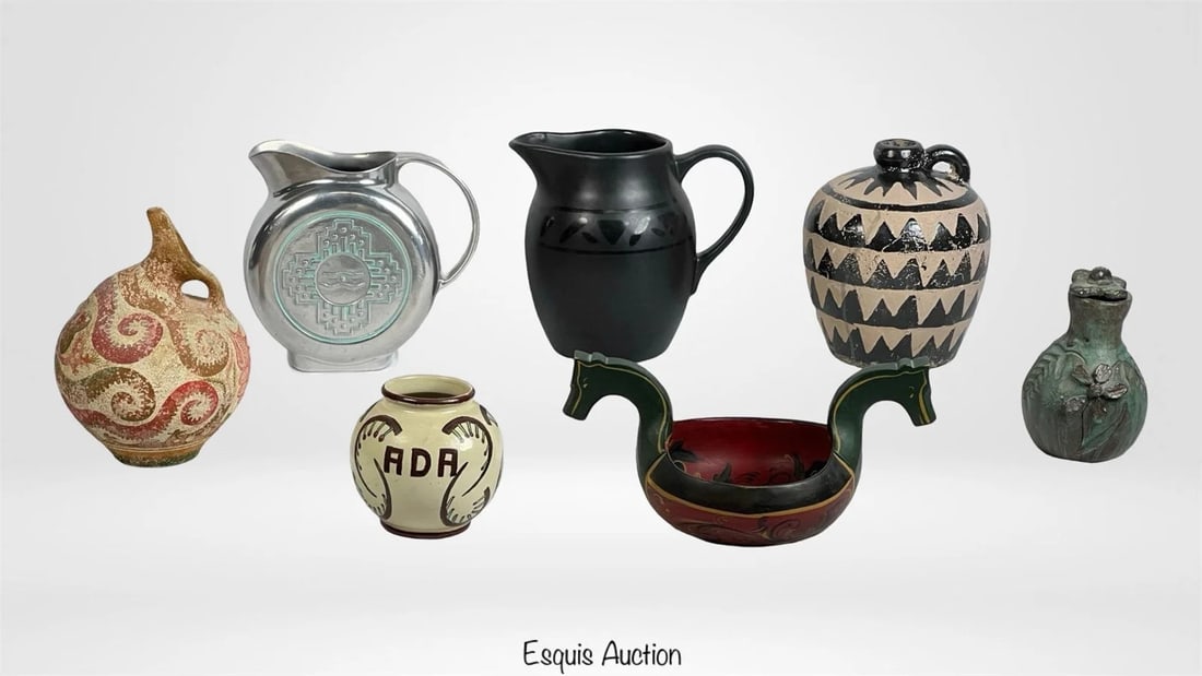 Group of Vessels & Pitchers from Various Cultures: A diverse collection of seven vessels and pitchers, representing artistic traditions from around the world. Greek Minoan Pottery Amphora Vase: A hand-painted replica by P. Vagilis, emulating the intri