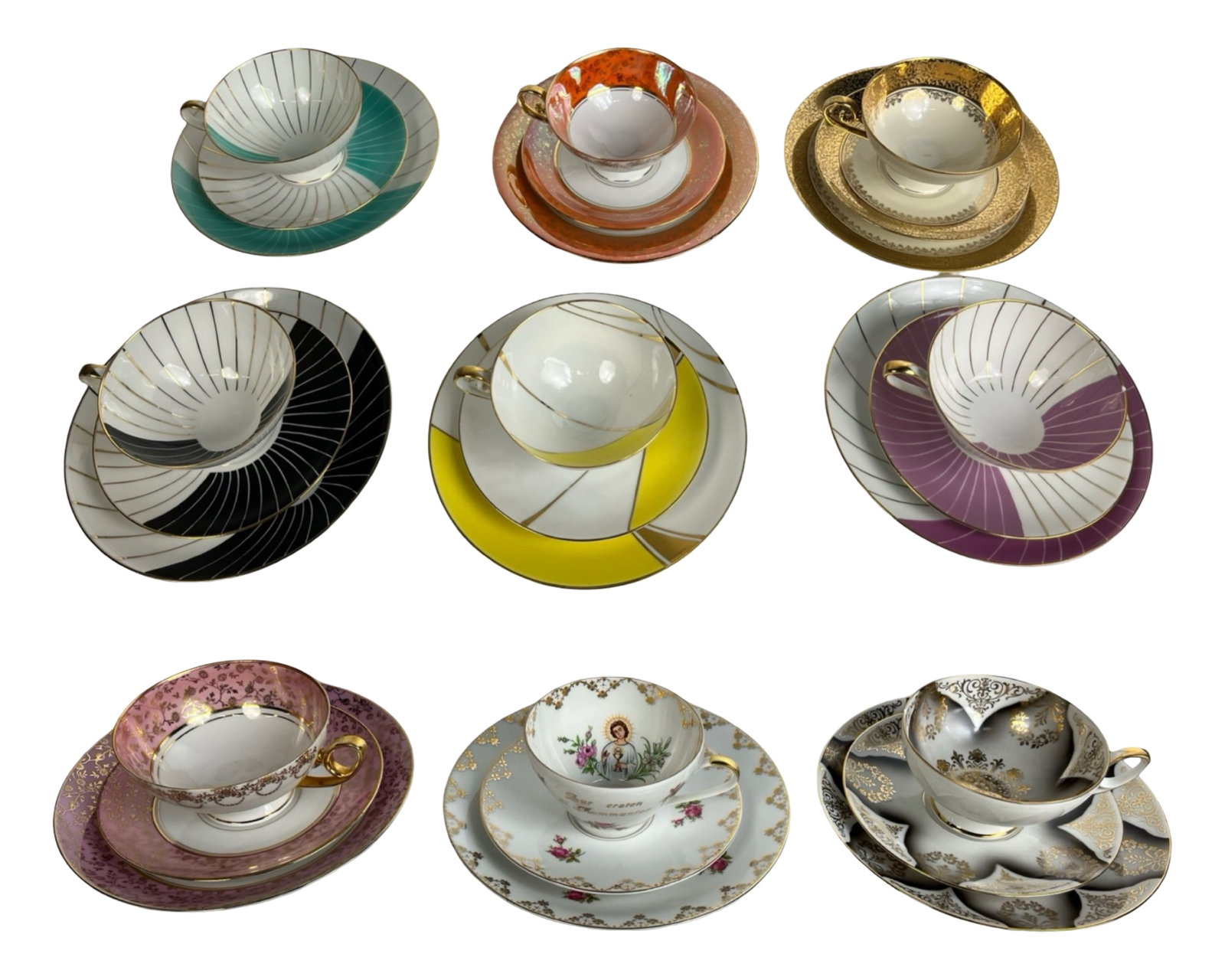 9 Bavaria Porcelain Demitasse Cup & Saucer Trios: Charming set of nine matching trios, each consisting of a porcelain demitasse cup, saucer, and dessert plate, crafted in Bavaria, Germany by various noted porcelain houses including Tirschenreuth, Kro