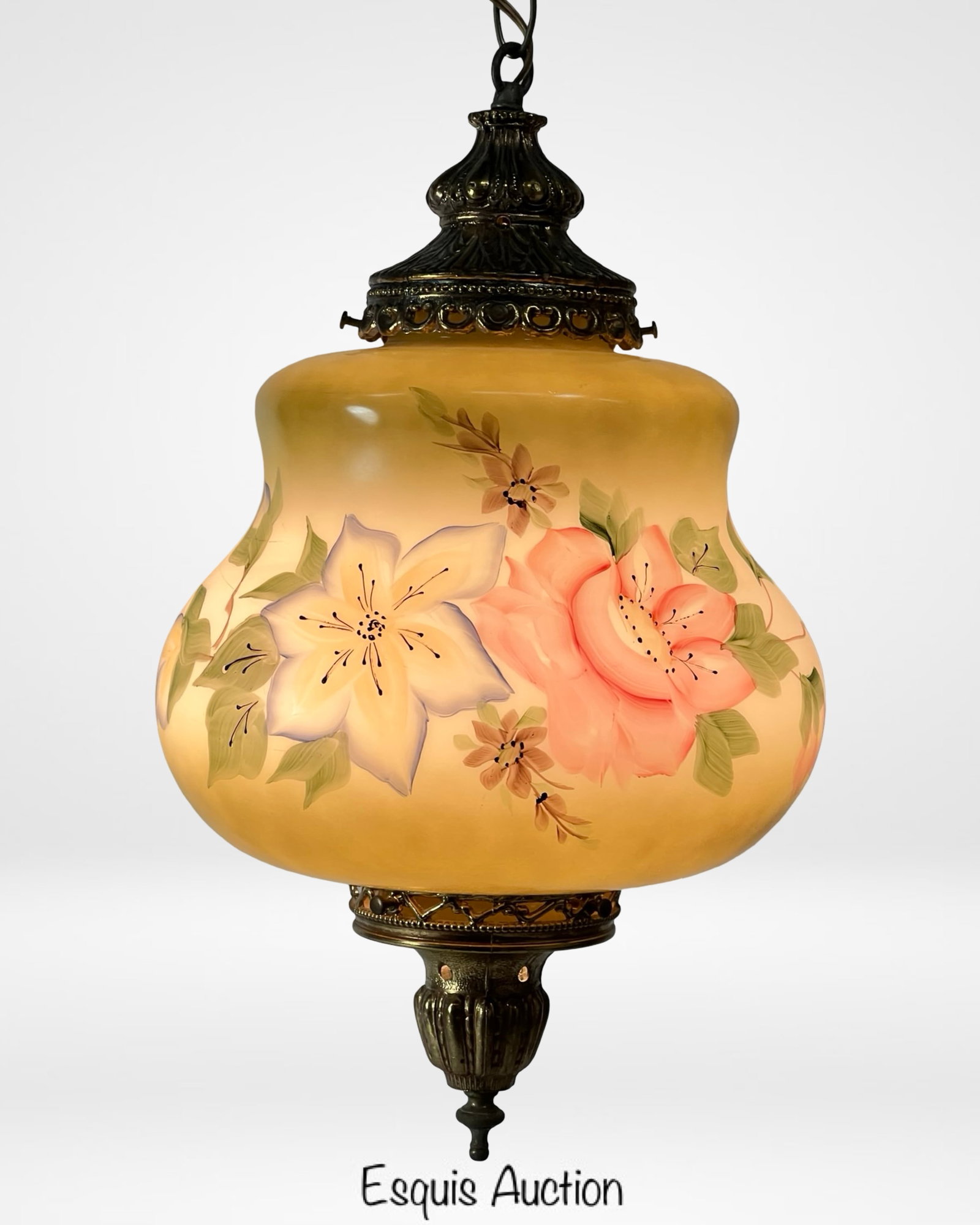 Vintage Hand-Painted Swag Lamp with Floral Motif: Elegant vintage swag hanging lamp featuring a beautifully hand-painted floral design on a warm amber-tinted glass shade. The floral artwork showcases soft pink, peach, and lavender blossoms with leafy