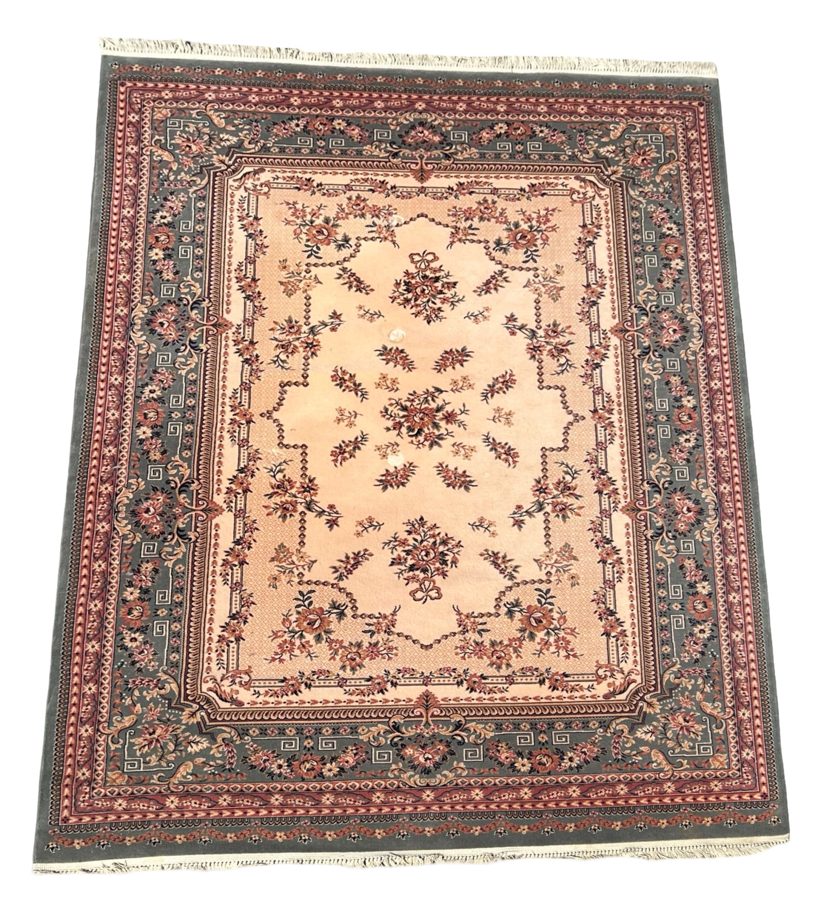 Osta "Saphir" Belgian Area Rug - 8" x 11 1/2": Belgian-made area rug from the renowned Osta Carpets "Saphir" collection. Features a floral medallion design in soft rose and cream tones with intricate border detailing on a dark green field. Made of
