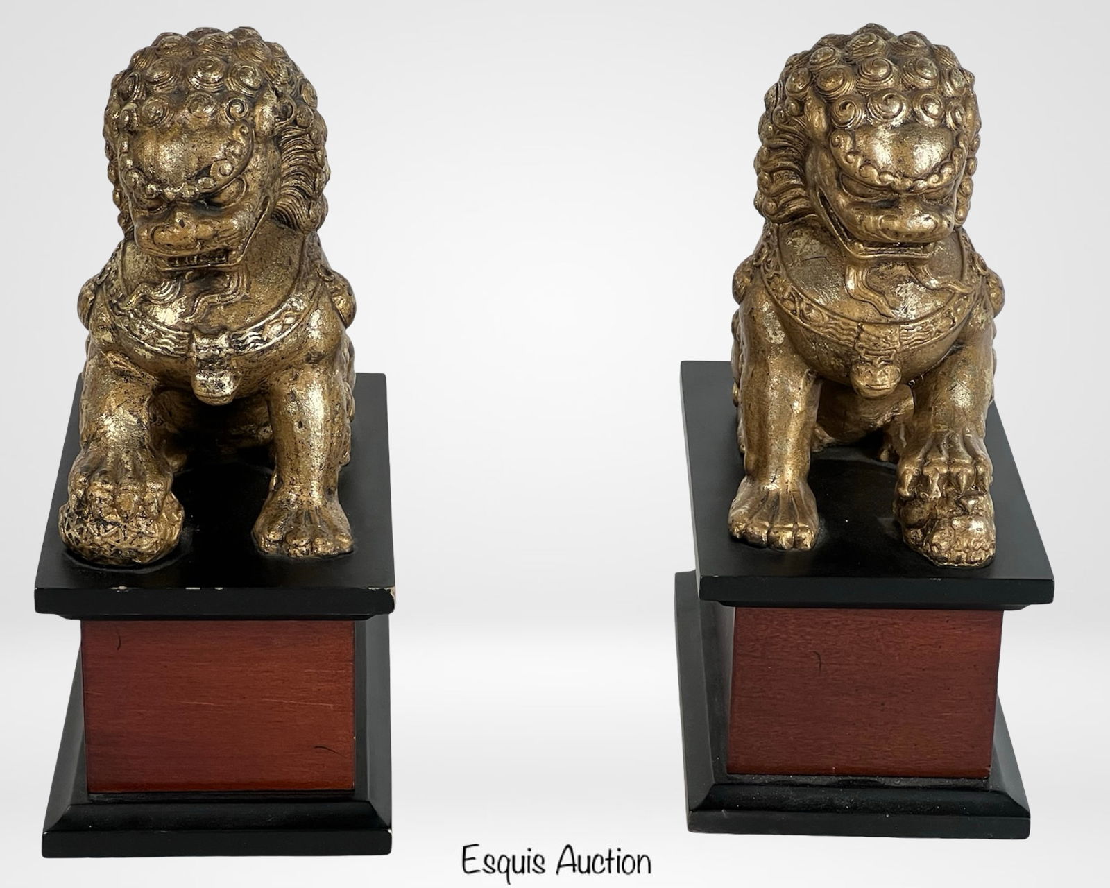 Pair of Gilded Foo Dog Figures on Pedestals (1 of 3)