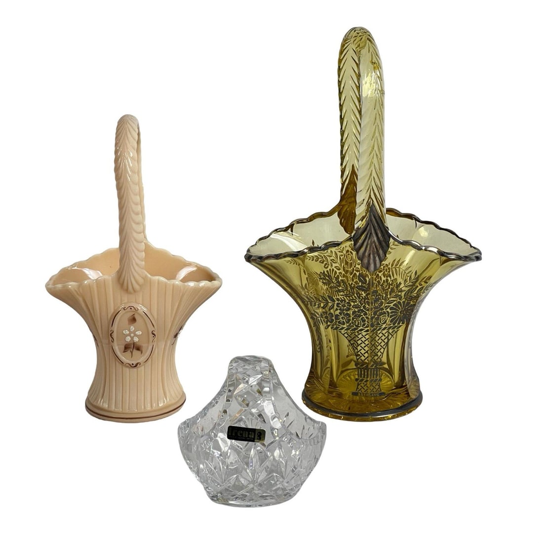 Art Glass Baskets - Amber, Peach Milk & Crystal: This elegant trio of decorative baskets showcases a variety of glassmaking techniques and styles. The collection includes an amber glass basket featuring an intricate sterling inlaid floral design, bl