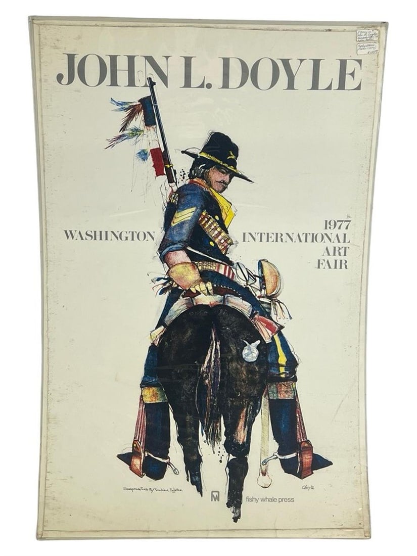 John Doyle Signed '77 Art Fair Expo Poster: John L. Doyle signed 1977 Washington International Art Fair poster featuring Sharpshooters 76 / Indian Fighter. Printed by Fishy Whale Press. Offset lithograph on paper, 31 x 20 in framed