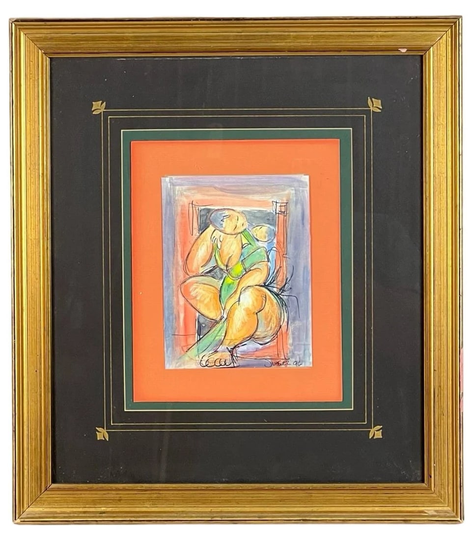 Expressionist Watercolor by Jimenez: This dynamic and colorful watercolor painting by artist Jimenez, dated 1996, captures a seated nude woman rendered in bold, gestural strokes and abstracted forms. Rich tones of orange, green, and blue