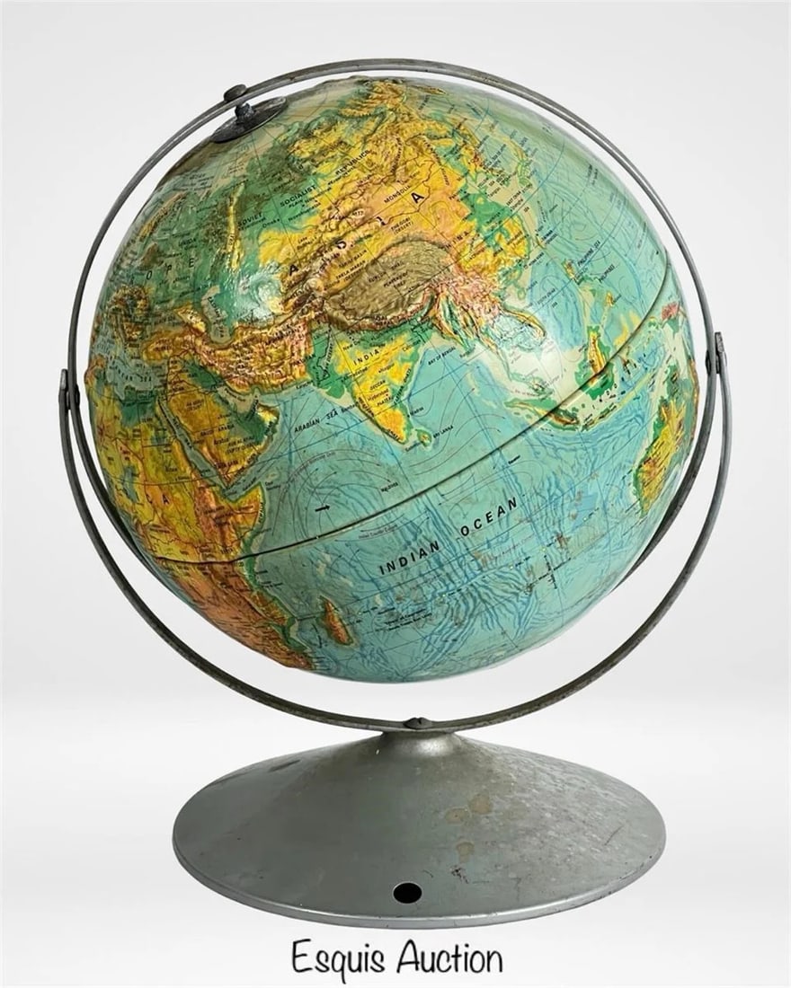Vintage Nystrom Sculptural Relief World Globe: Vintage 12" Nystrom Sculptural Relief Globe featuring topographic elevation detail and ocean current markings. Produced by A.J. Nystrom & Co., Chicago, this educational globe includes raised relief an
