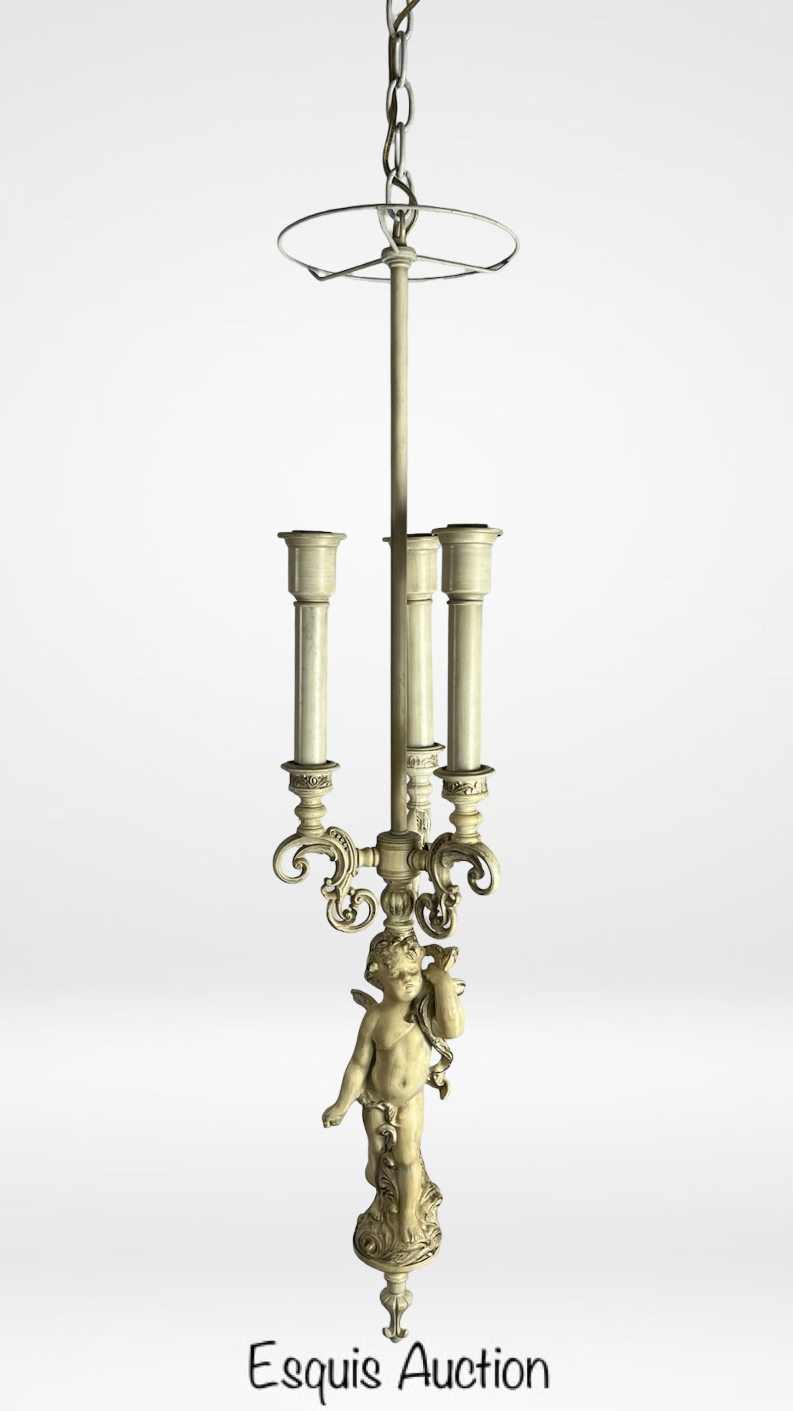 Vintage Cherub Chandelier Light Pendant: Elegant vintage chandelier crafted from painted metal, featuring a charming cherub figure at its center. The piece includes ornate scrollwork and four upward-facing candle-style sockets. Finished in a