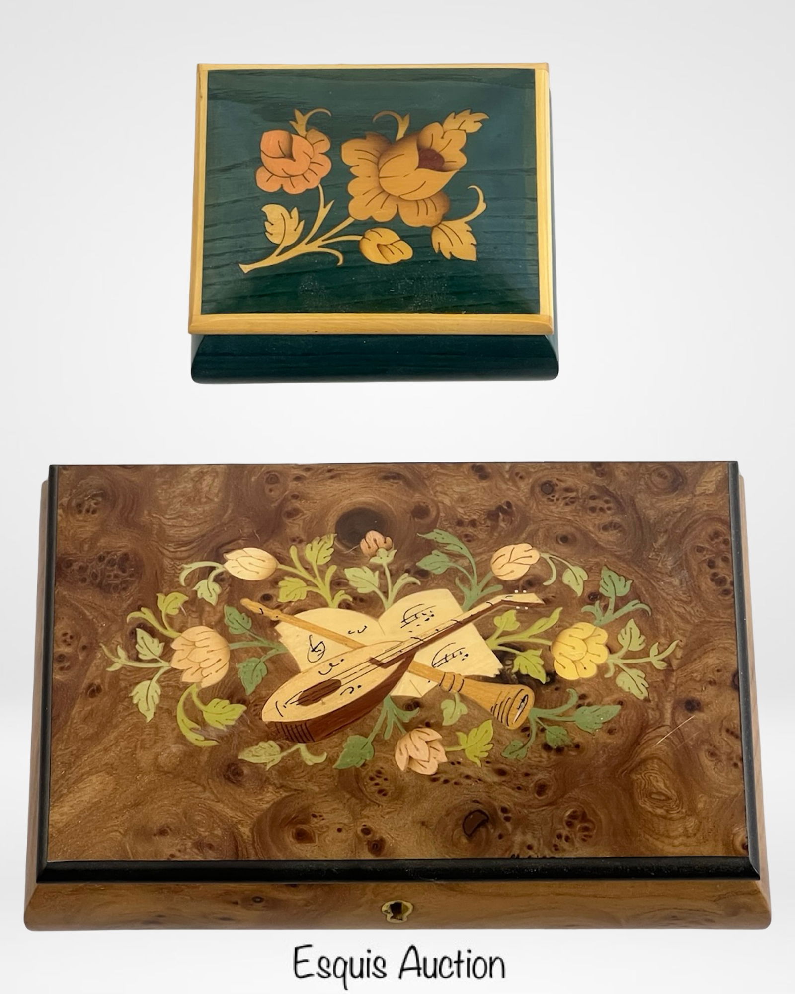 Sorento Italian Inlaid Music Boxes Reuge Movements: Charming pair of vintage Italian music boxes from Sorrento, both featuring detailed floral marquetry on lacquered wood. The larger jewelry box is lined in red velvet and plays "Waltz of the Flowers,"