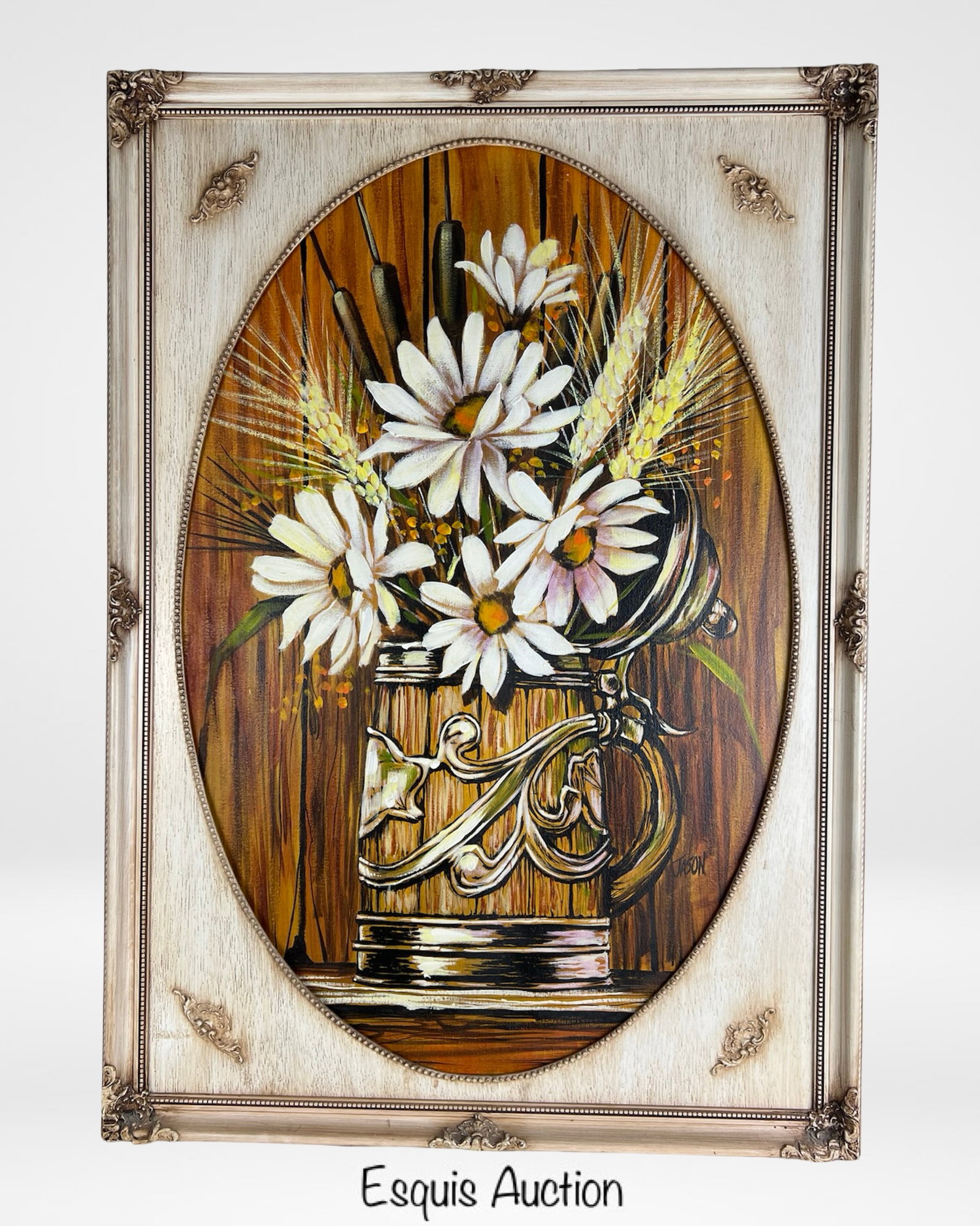 Still Life Oil Painting of Daisies by Jason: Charming vintage still life oil painting on canvas featuring a rustic tankard filled with white daisies, wheat stalks, and cattails against a warm wood-toned background. The painting is signed "Jason"