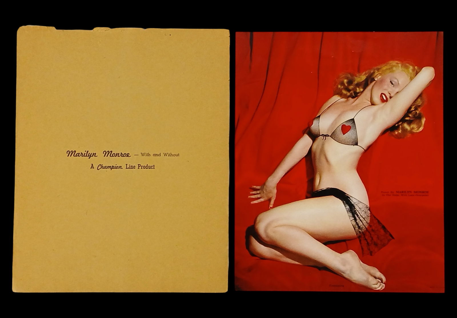 Marilyn Monroe Champion Calendar Salesman Photo: Original Champion Calendar Company early 1950's Marilyn Monroe Salesman's Sample Photo. This is the world famous photo taken by Tom Kelly on May 27, 1949. Marilyn was paid $50 for the two hour shoot.