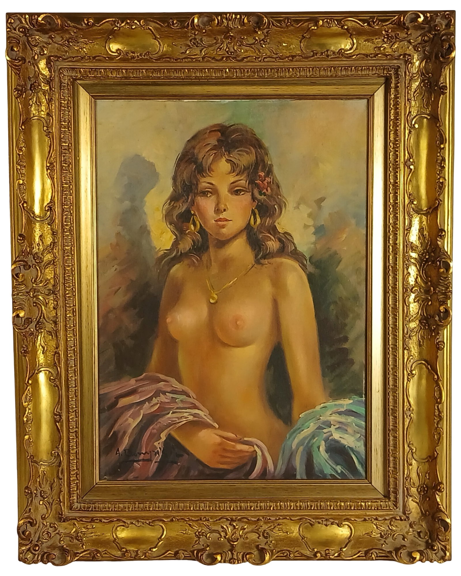 Romantic Realism Oil Painting - Nude Young Lady: Striking oil on canvas painting depicting a sensuous portrait of a young nude woman adorned with gold jewelry and draped in colorful fabric. Captured in a soft, romantic realism style, the subject is 