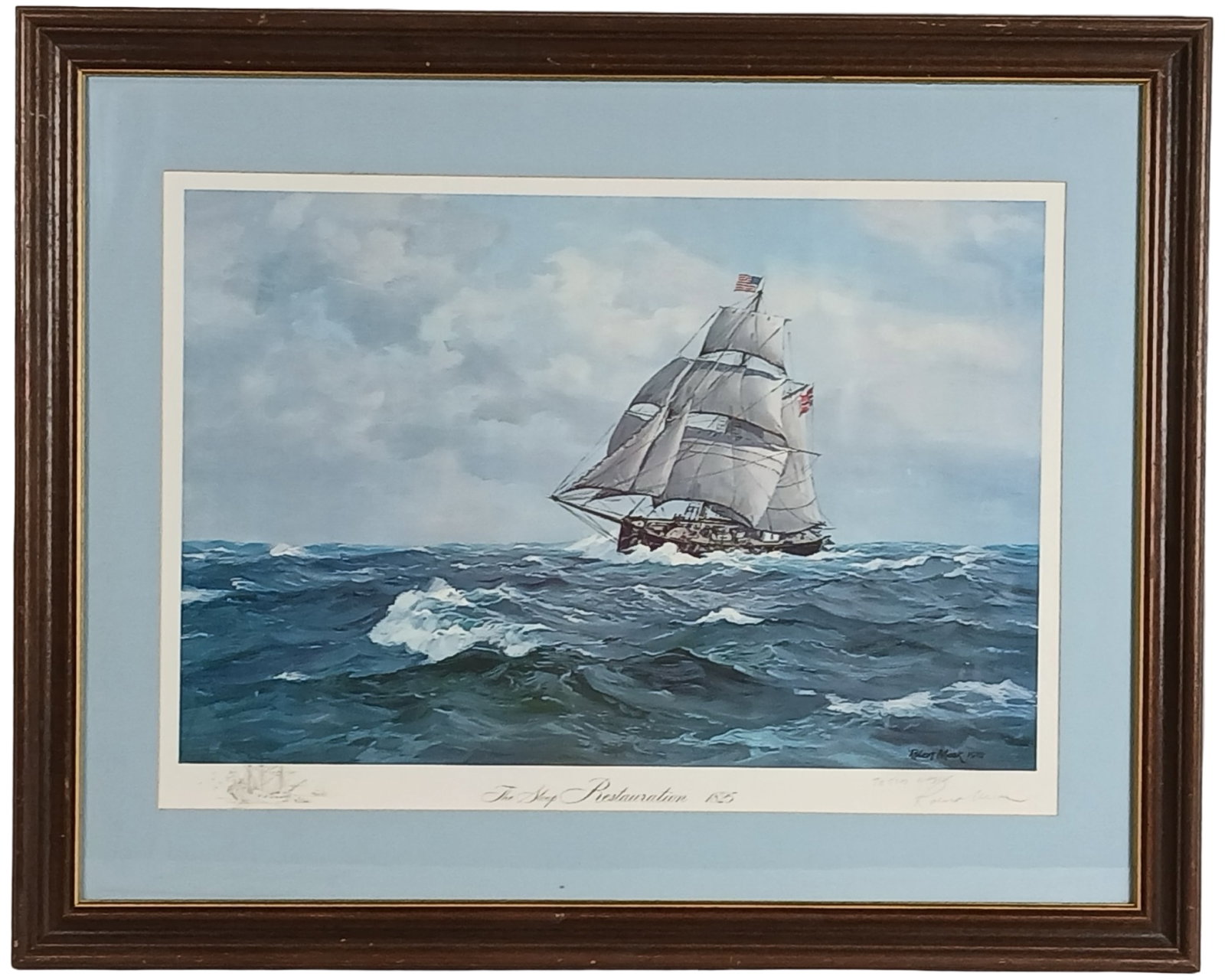 Robert Moak - "Sloop Restauration 1825" Lithograph: Maritime-themed limited edition lithograph titled "The Sloop Restauration 1825" by renowned marine artist Robert Moak. This beautifully detailed scene captures the historic Norwegian sloop, Restaurati