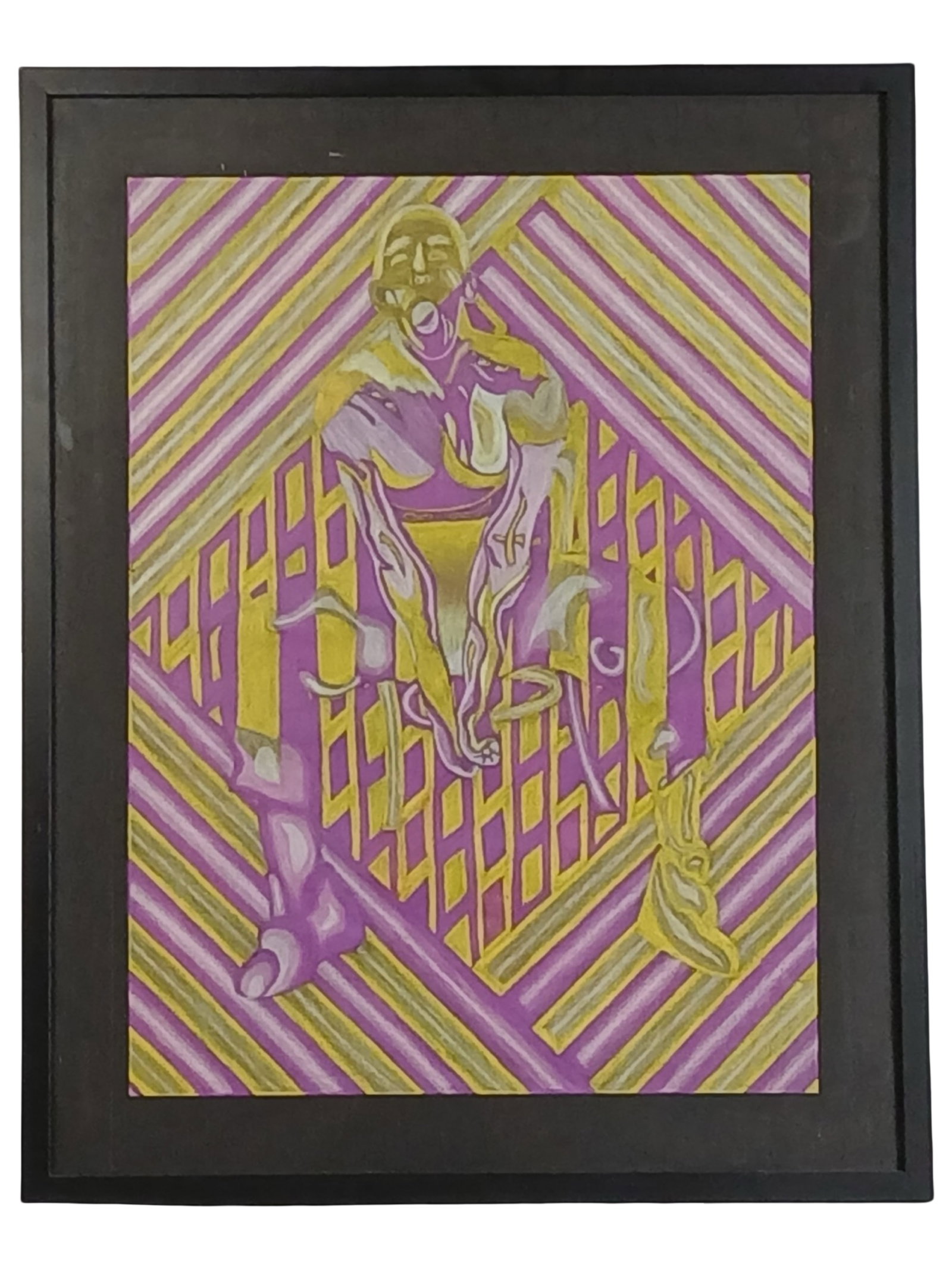 Pop Art / Street Art Style Pastel Drawing: Vibrant and graphically charged, this framed pastel drawing features a stylized human figure set against an energetic background of diagonal stripes and geometric latticework. Executed in bold shades 