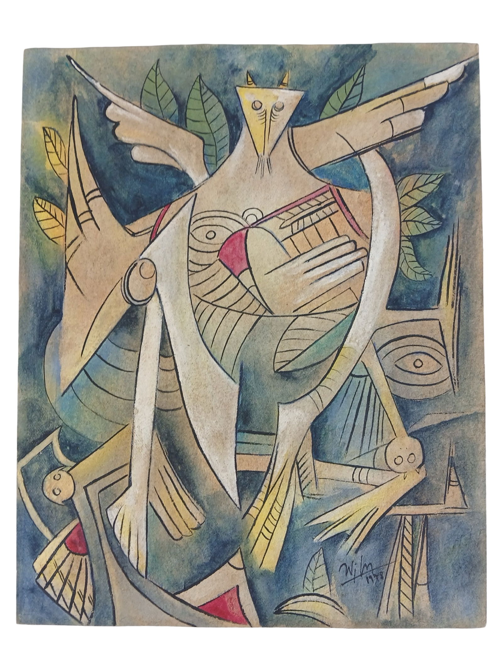 Wilfredo Lam (Attrib)- Winged Figures Oil Painting: Oil on cardboard, signed and dated 1978 lower right, with gallery label verso. 13 1/2" x 11" unframed.This captivating oil painting on cardboard features a dynamic and abstracted composition of winged