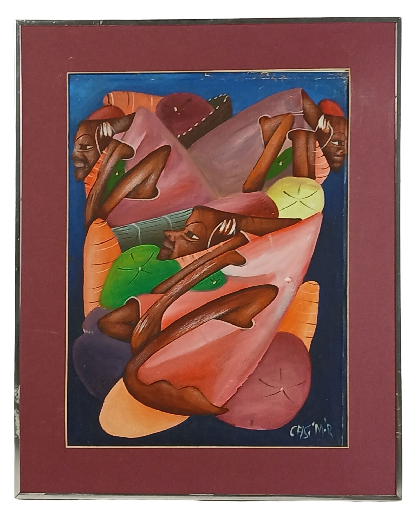 Casimir- Haitian Modern Cubist Figurative Painting: Vibrant and expressive oil painting by Haitian artist Casimir, rendered in a modern cubist style. The composition depicts multiple reclining figures wrapped in colorful drapery, stylized with bold con