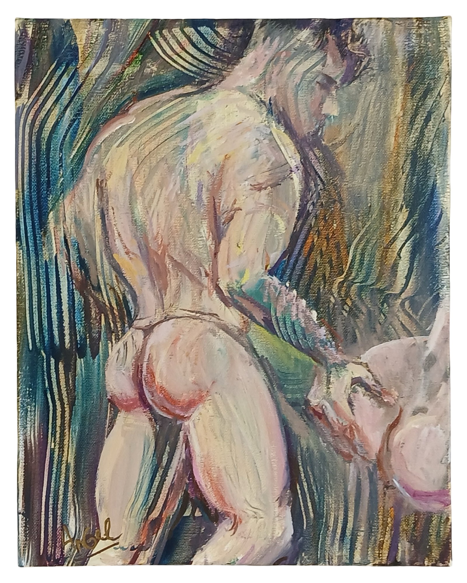 Oksana Grineva - Erotic Nude Male Oil Painting: ensual and expressive, this original oil painting by Oksana Grineva captures the male form in a striking moment of intimacy and movement. Painted with bold brushwork and layered textures in an abstrac