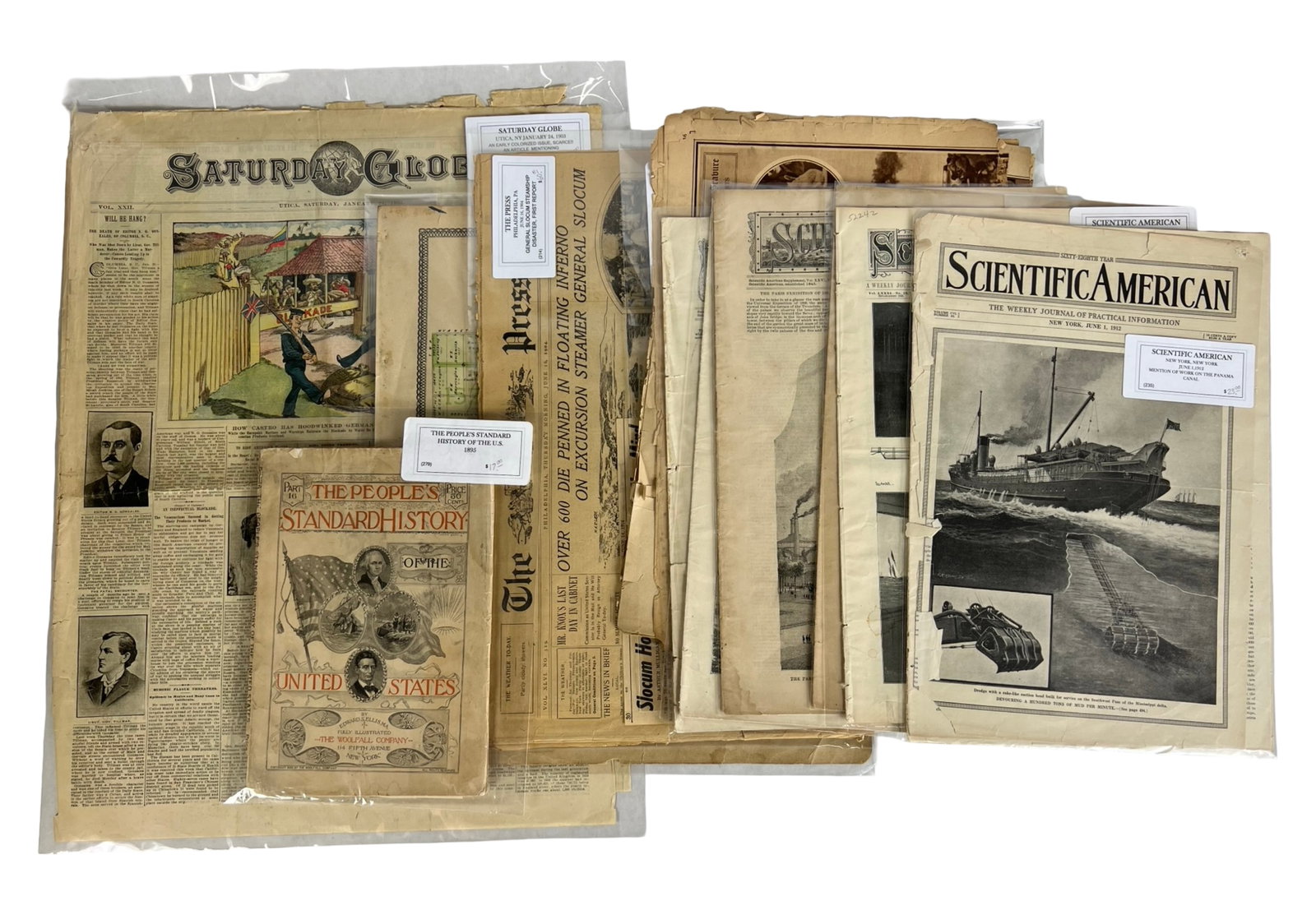 Antique Newspapers & Magazines 1890s-1930s: Collection of original newspapers and illustrated magazines spanning the 1890s through the 1930s, featuring striking cover art and historic reporting. Includes issues of Scientific American with early