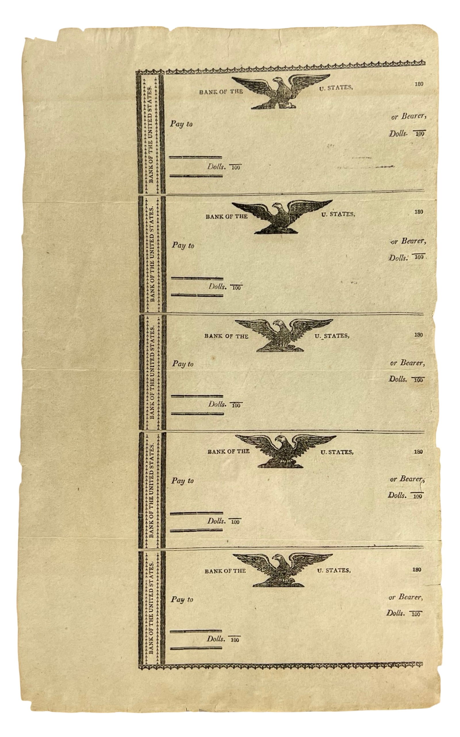 1800s Bank of United States Uncut Check Sheet: Exceptional and very rare original unissued sheet of five uncut checks from the Bank of the United States, dating to the early 1800s. Each check bears a finely detailed eagle engraving and printed "Ba