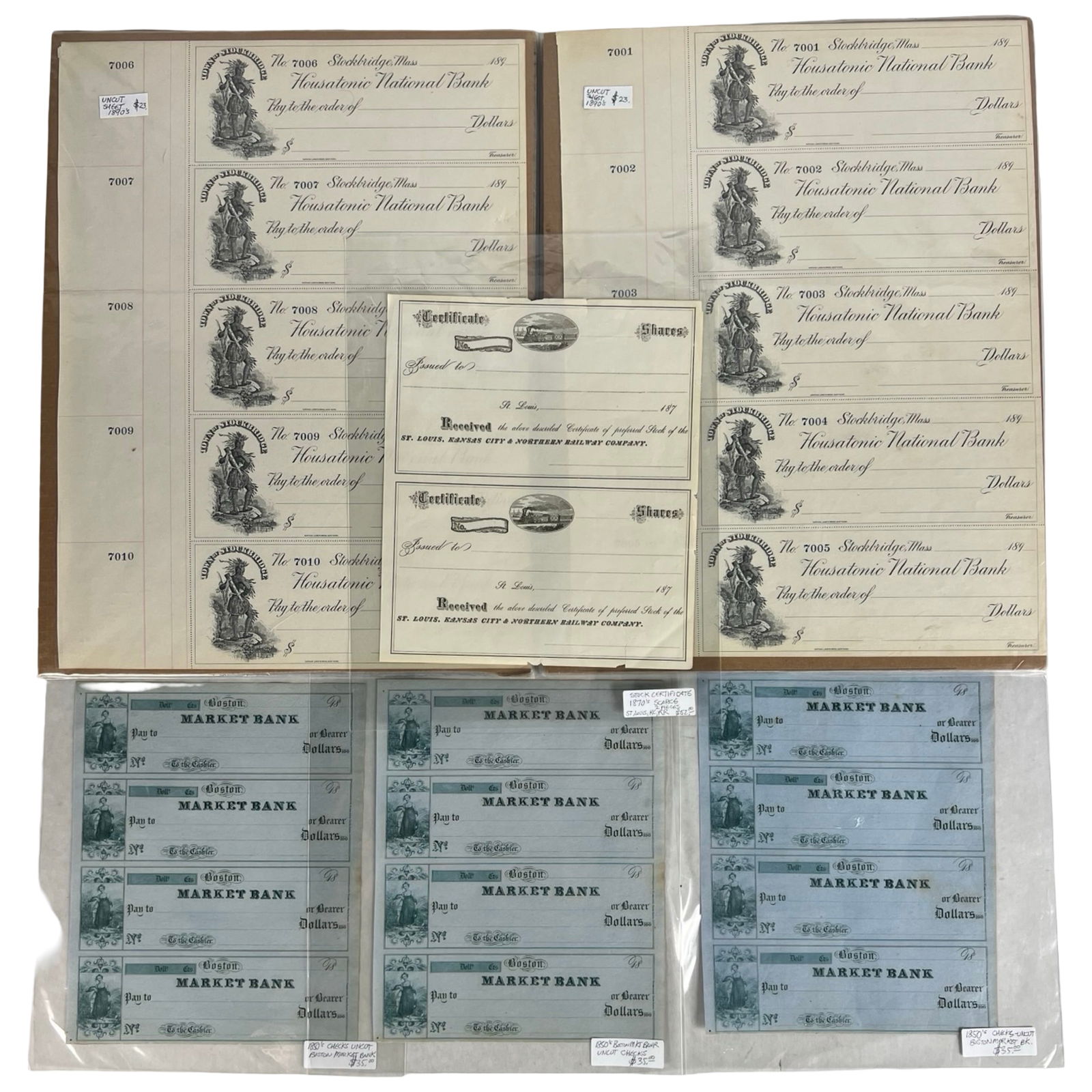 1800s Uncut Bank Checks & Stock Certificates (1 of 4)