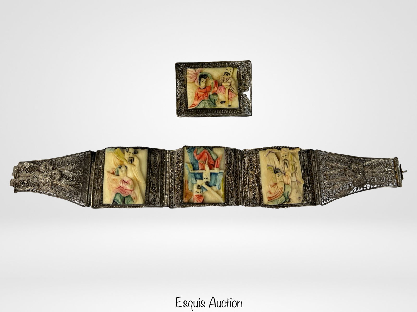 Chinese Filigree Bracelet & Brooch- Carved Panels: Exquisite antique Chinese bracelet and matching brooch set featuring intricately hand-carved and painted bone panels set in ornate silver-tone filigree. The bracelet showcases three vivid scenes acros