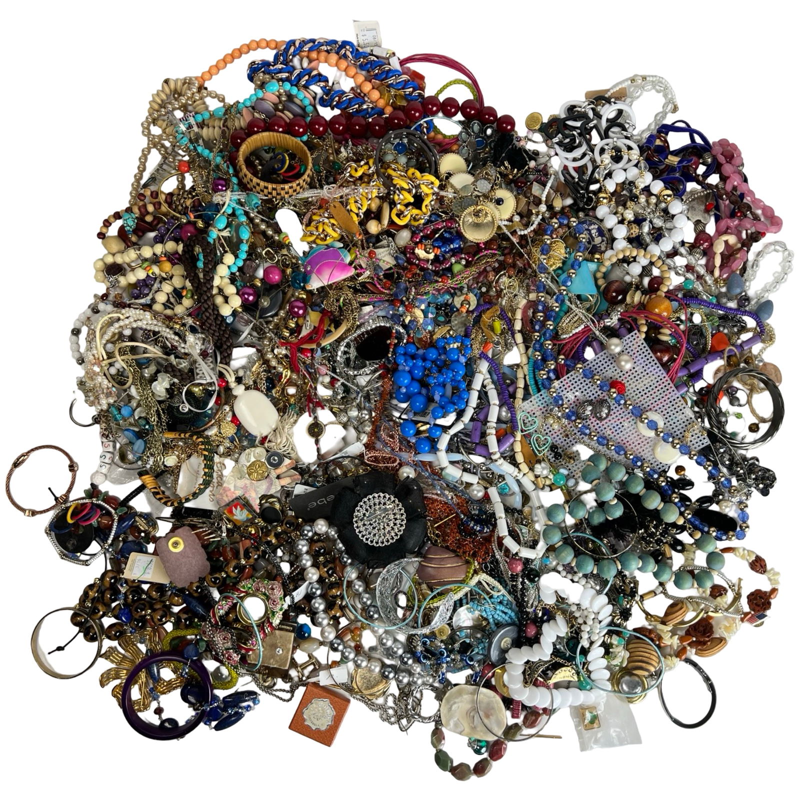 Large Lot of Unsearched Costume and Craft Jewelry: Massive mixed lot of unsearched costume and craft jewelry offered as found. Includes a wide assortment of necklaces, bracelets, earrings, pendants, beads, bangles, and more in a tangle of styles, colo