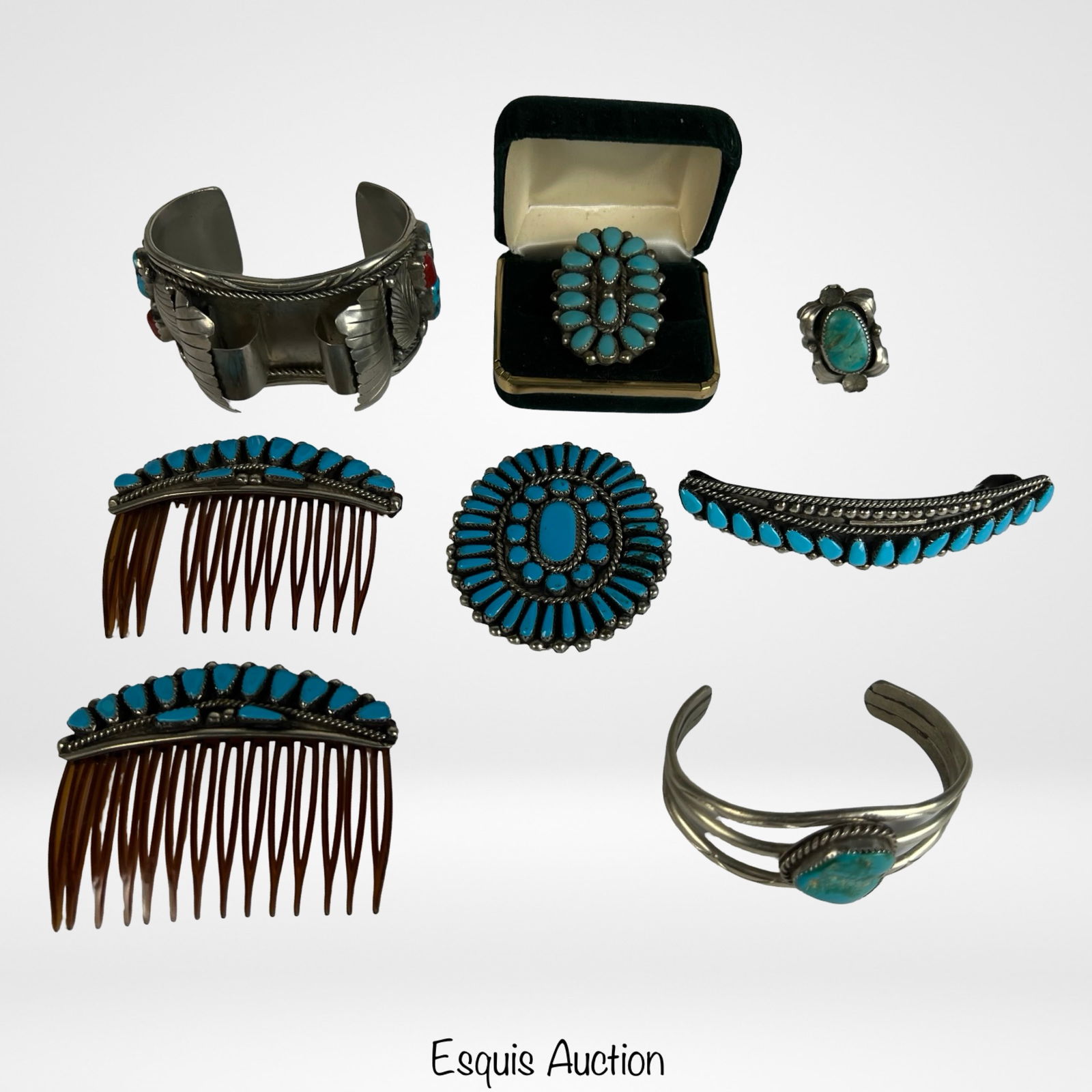 Southwest & Native American Style Jewelry: Striking assortment of jewelry in Southwest and Native American style, featuring vibrant turquoise stones set in traditional and contemporary designs. This collection includes bold cuff bracelets, sta