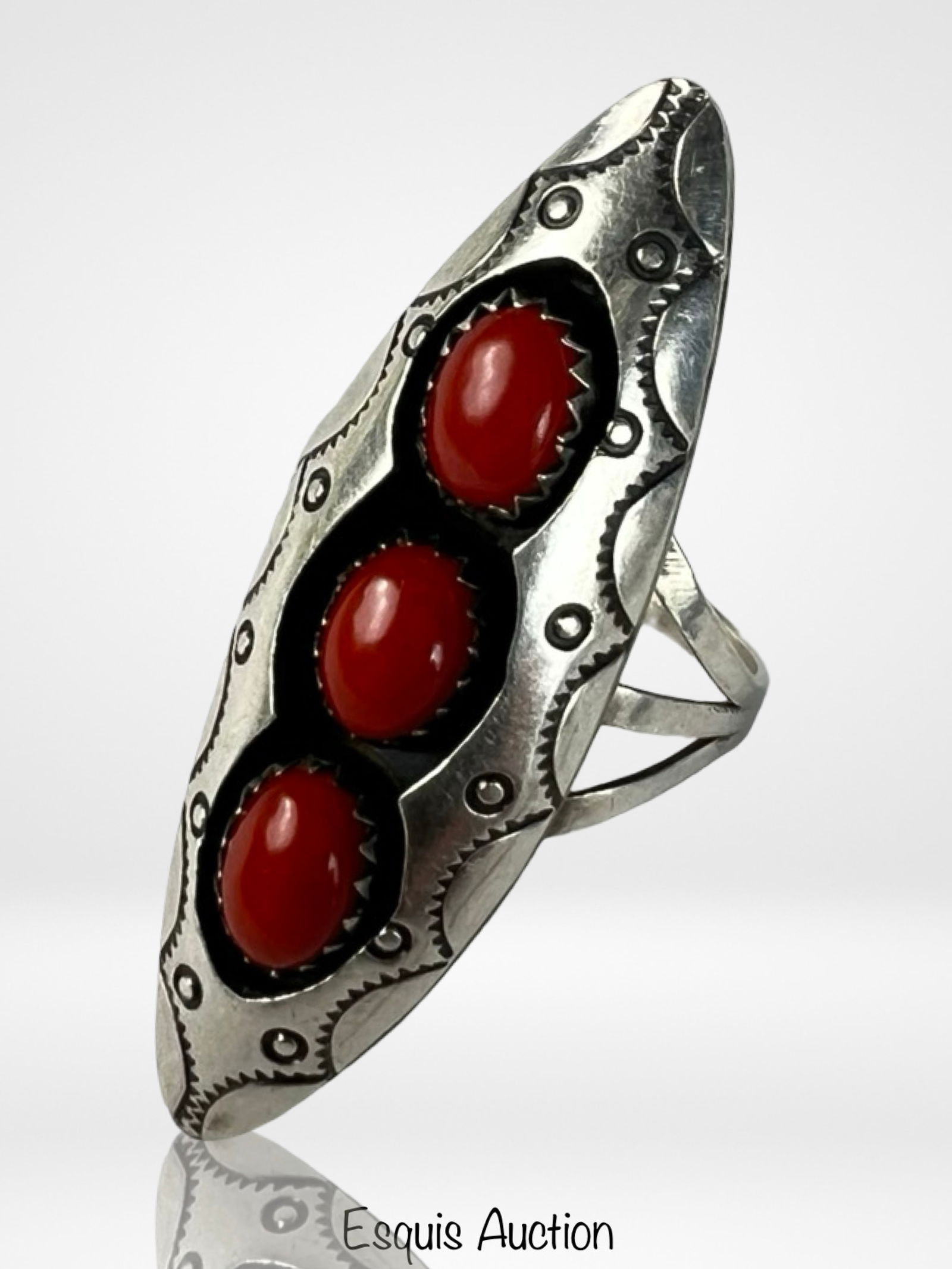 Navajo Sterling Silver Three Cab Coral Ring: Navajo Sterling Silver Three Cab Coral Ring. Size- 8. Good Condition.