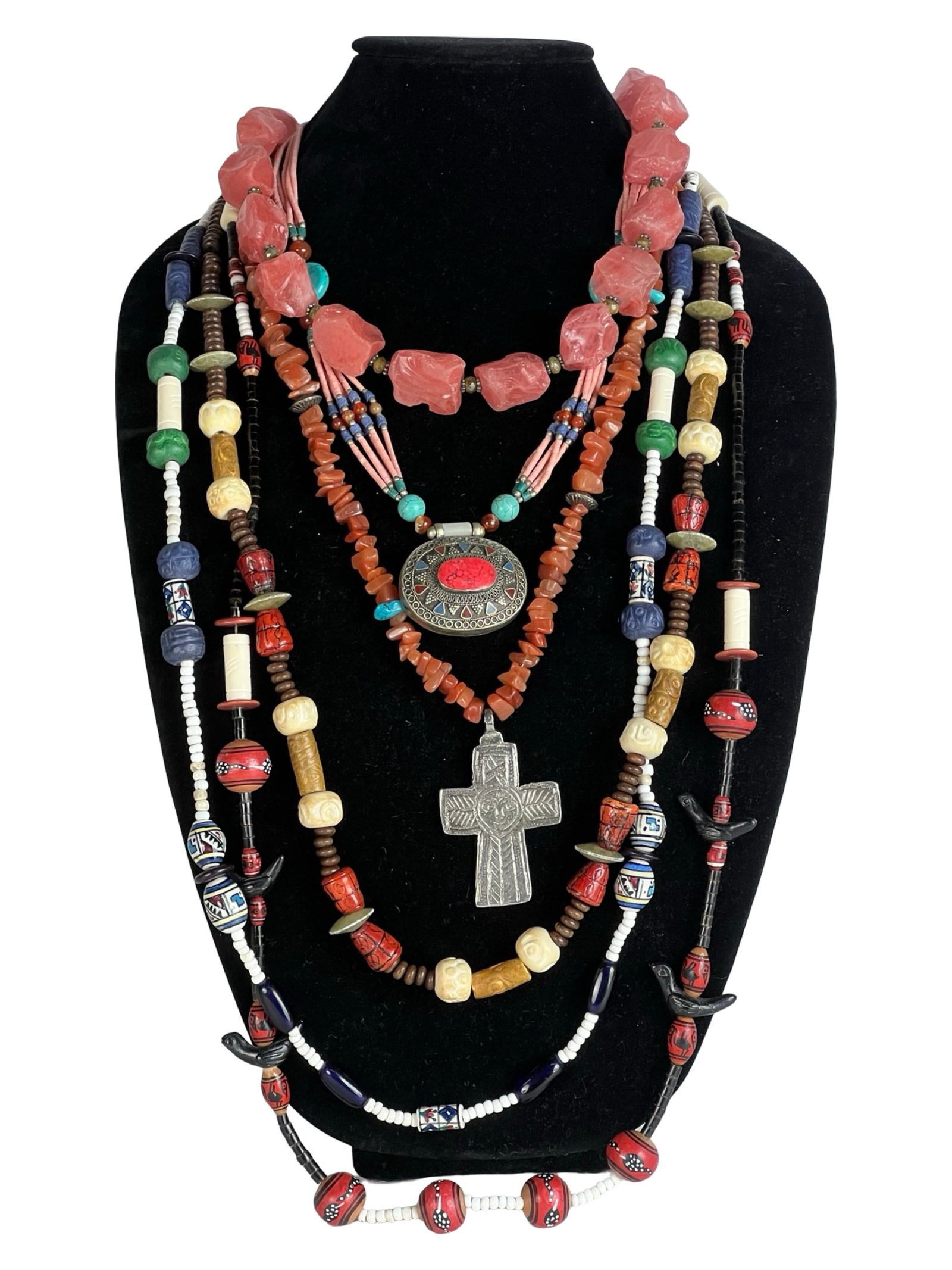 Group of Necklaces incl. Native American Sterling: Group of Artisan Necklaces including two Native American with Sterling Clasps and Multi Stone Tibetan Necklace. All are in good condition.