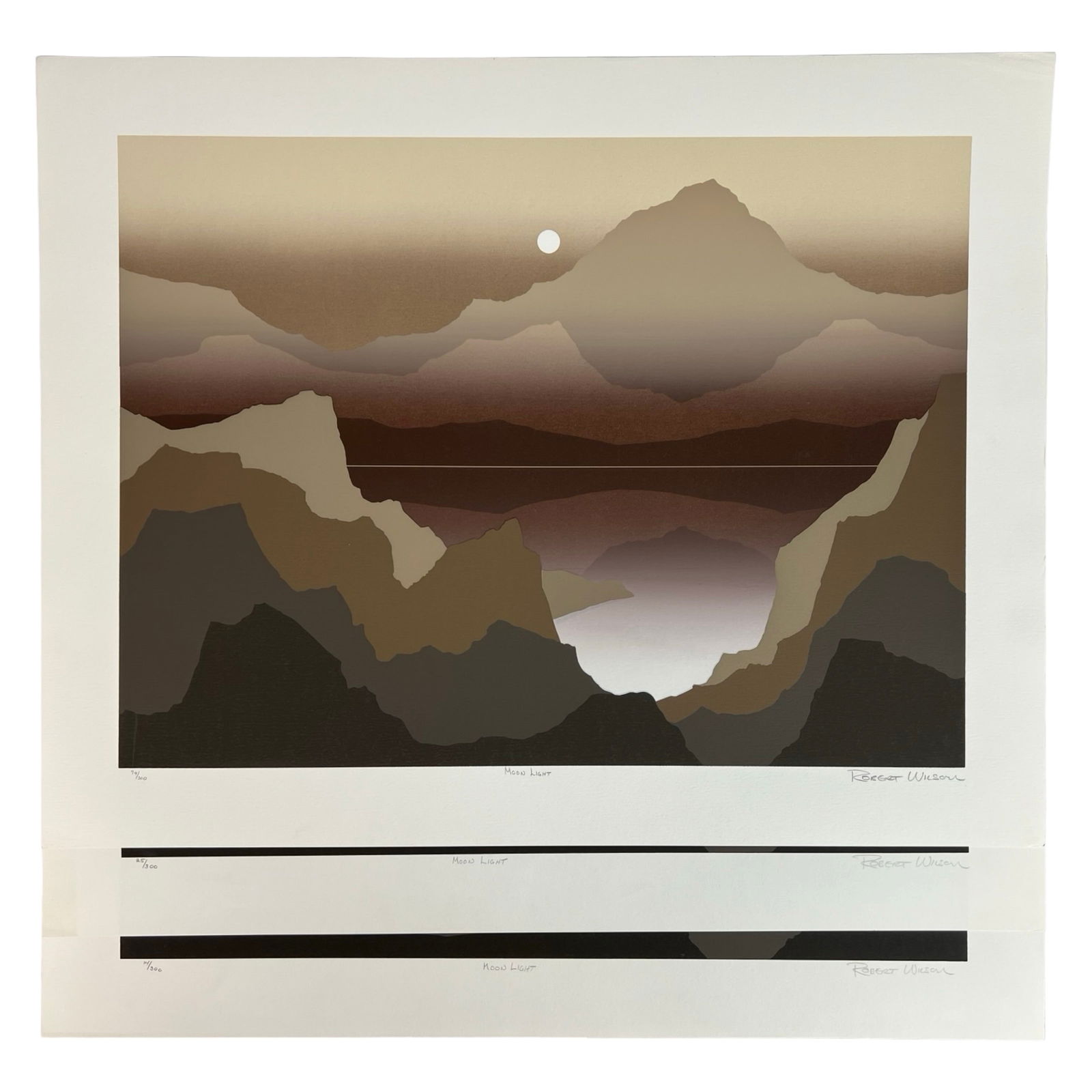 Robert Wilson "Moon Light" - Set of 3 Lithographs: A striking set of three hand-signed and numbered lithographs titled Moon Light by Robert Wilson. Each piece is part of a limited edition of 300, executed in a sophisticated minimalist style characteri