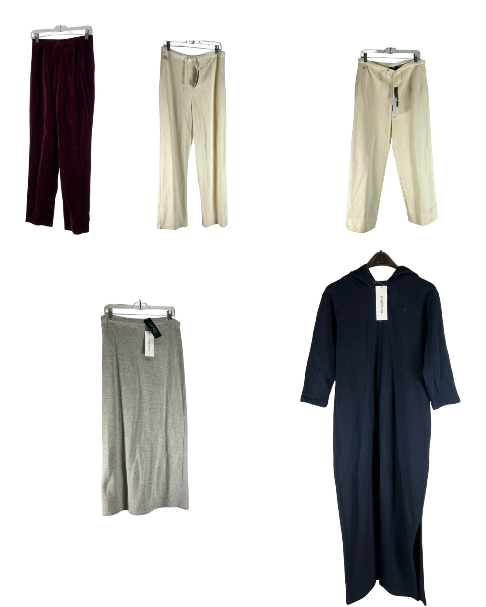 Ralph Lauren Women's Apparel Assortment: Collection of five Ralph Lauren women's wardrobe staples including three pairs of lounge and casual pants (two cream, one deep burgundy velvet), a soft grey knit midi skirt, and a navy hooded midi-len