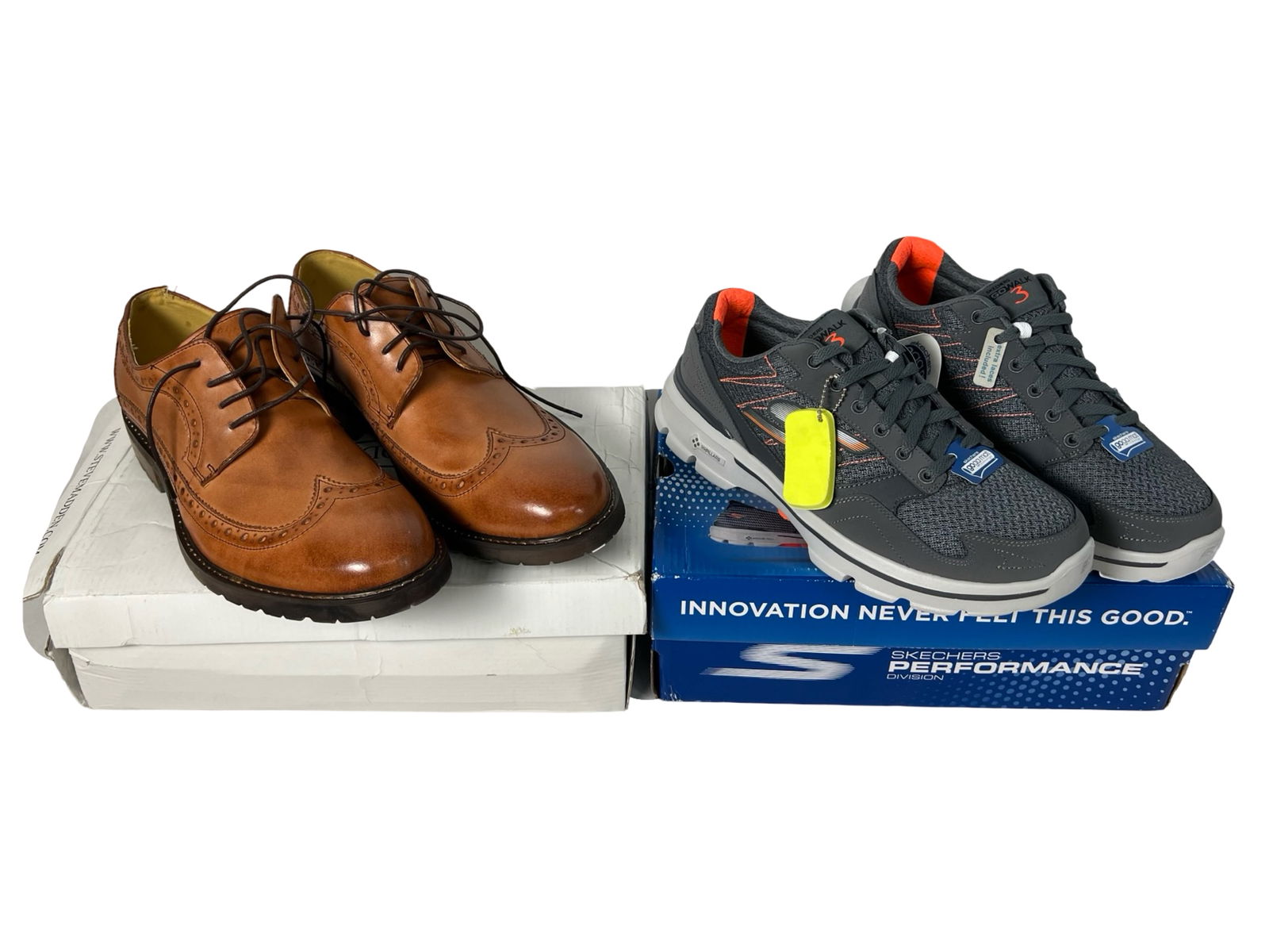 Skechers GoWalk 3 Sneakers & Steve Madden Shoes: 2 Pairs of new men's shoes including Skechers GoWalk 3 lace-up athletic sneakers in dark gray with Goga Mat insoles (size 8.5) and stylish Steve Madden tan leather brogue oxfords with detailed wingtip