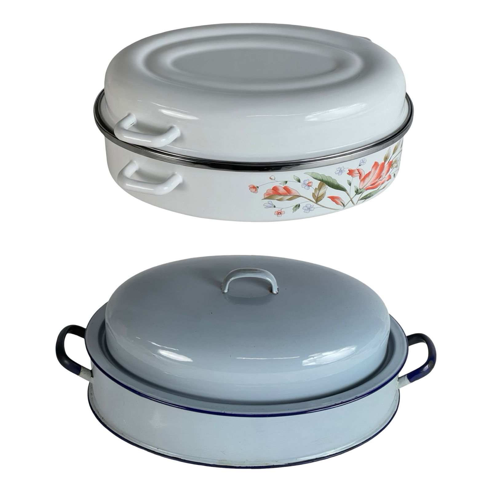 Lot of 2 Vintage Enamel Ware Roasters - Robins Egg: Charming set of two vintage enamel roasting pans, perfect for functional kitchenware or nostalgic display. Includes one white roaster with floral motif and embossed bottom (approx. 15" x 10" x 7") and