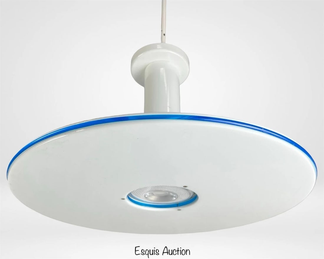 Frederick Ramond Luminaire Modernist Pendant Light: Striking modernist pendant light by Frederick Ramond, model "Luminaire," featuring a sleek disc-shaped form with white enamel finish and subtle blue glass rim accent. The minimalist design reflects a 