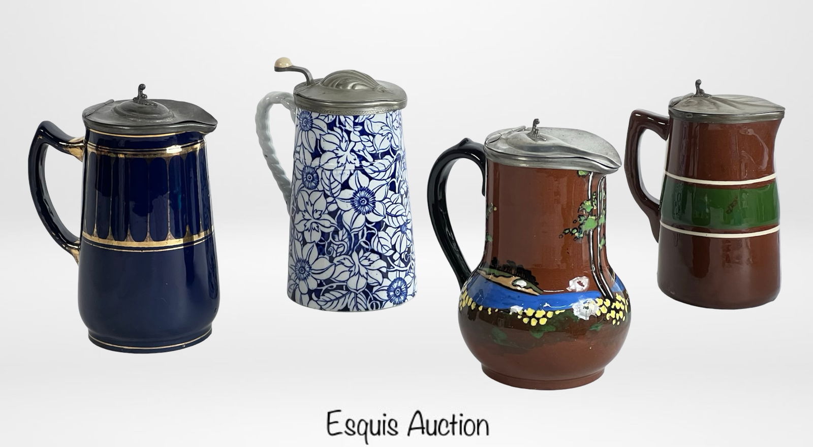 Four Antique English Pottery Jugs with Pewter Lids (1 of 7)