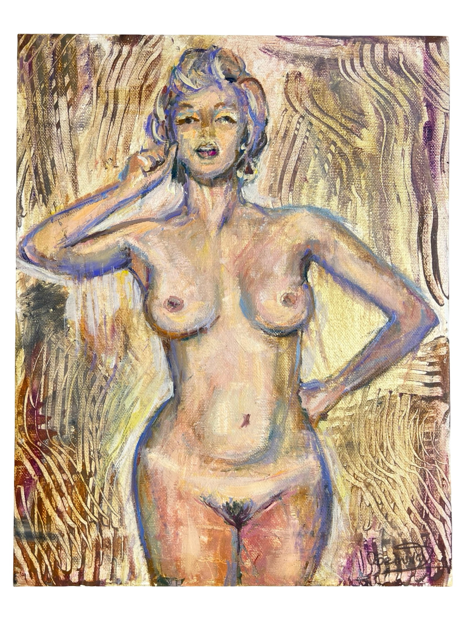 Nude Marilyn- Sexy Oil Painting by Oksana Grineva: Striking original oil painting on canvas by Oksana Grineva, depicting a nude Marilyn in a bold and sensual pose. The subject is rendered in expressive brushstrokes with a dynamic, textured background 