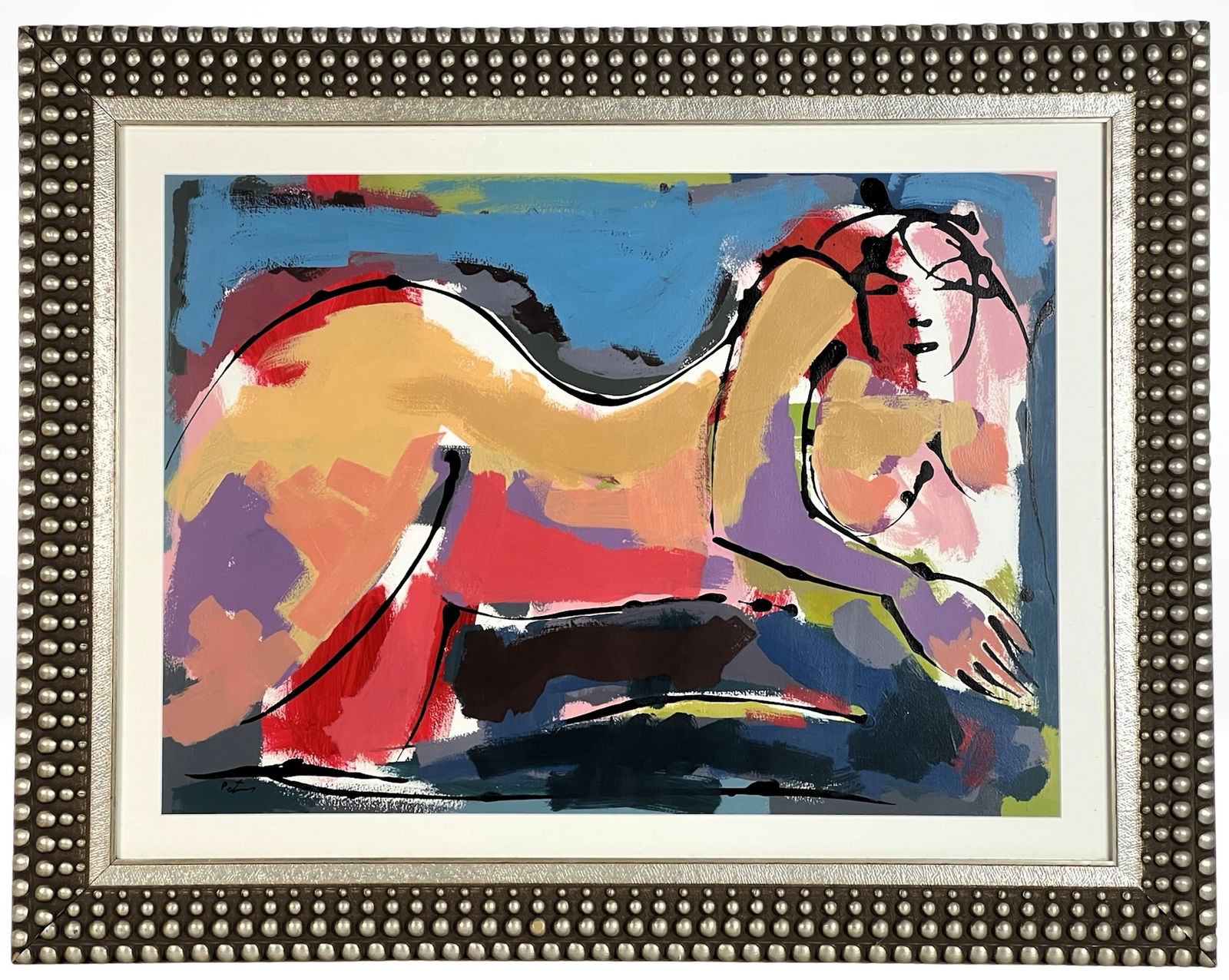 Modernist Abstract Reclining Nude Painting: Vibrant and expressive abstract nude painting on paper, executed in bold strokes of acrylic paint. The reclining female figure is rendered with energetic, color-blocked forms in shades of red, ochre,