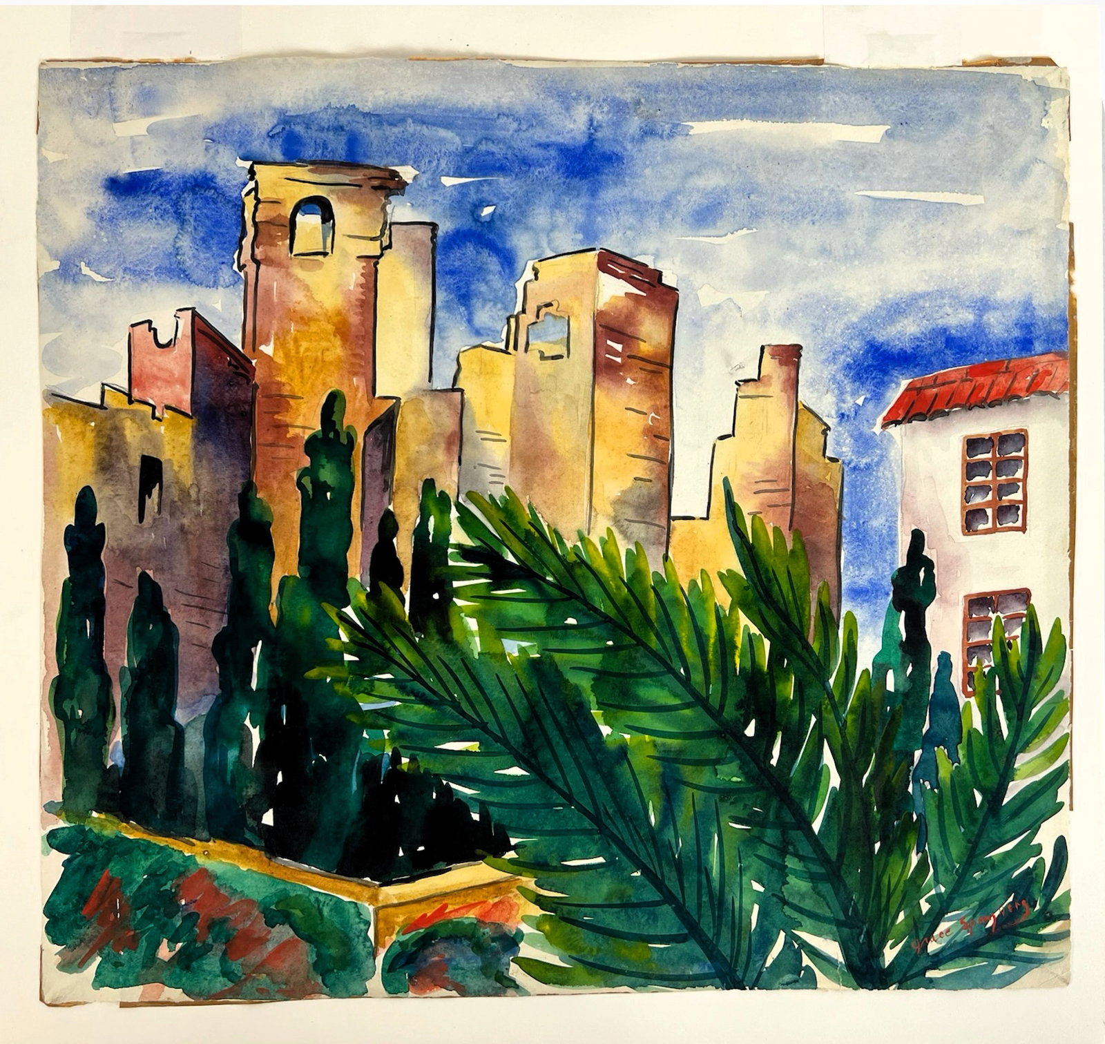 Grace Spongberg- Mexican Architecture Watercolor: A vibrant watercolor painting by noted artist Grace Spongberg, depicting striking Mexican architecture framed by lush greenery and dramatic skies. Executed in bold, expressive brushwork with rich colo