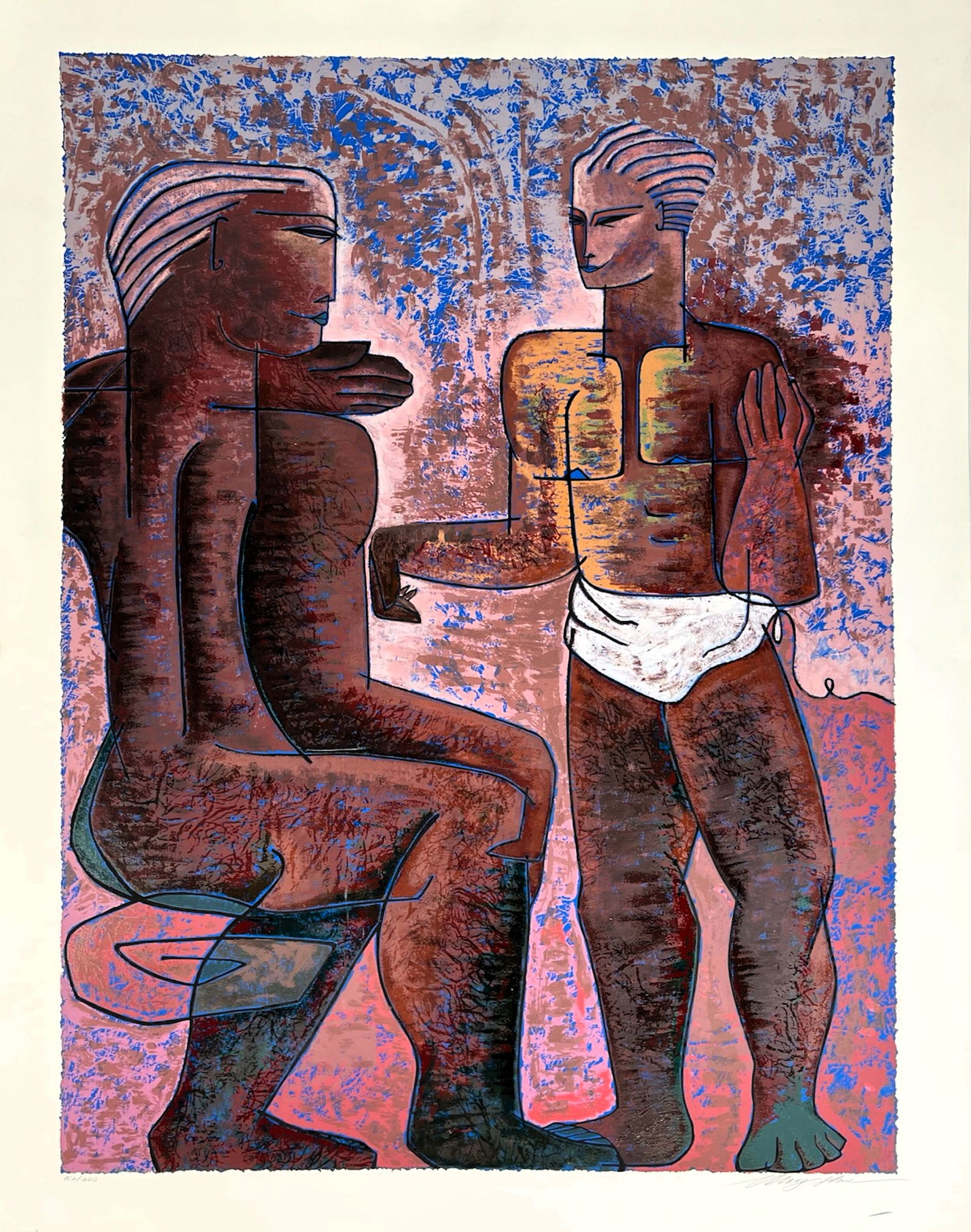 Adrian Wong Shue - The Counselor LE Serigraph: A striking hand-signed serigraph by Adrian Wong Shue, titled The Counselor. This limited edition print, numbered 152/200, showcases Wong Shue's distinctive fusion of modernist abstraction and figurati