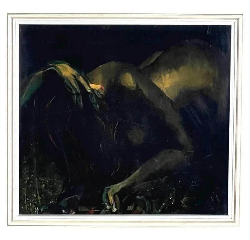 Patty Hlava Modernist Nude with Cigarette Painting: "Violet's Dance" is a captivating modernist mixed media painting by Patty Hlava. This striking artwork depicts a nude figure with a cigarette, exuding an aura of mystery and allure. Created with acryl