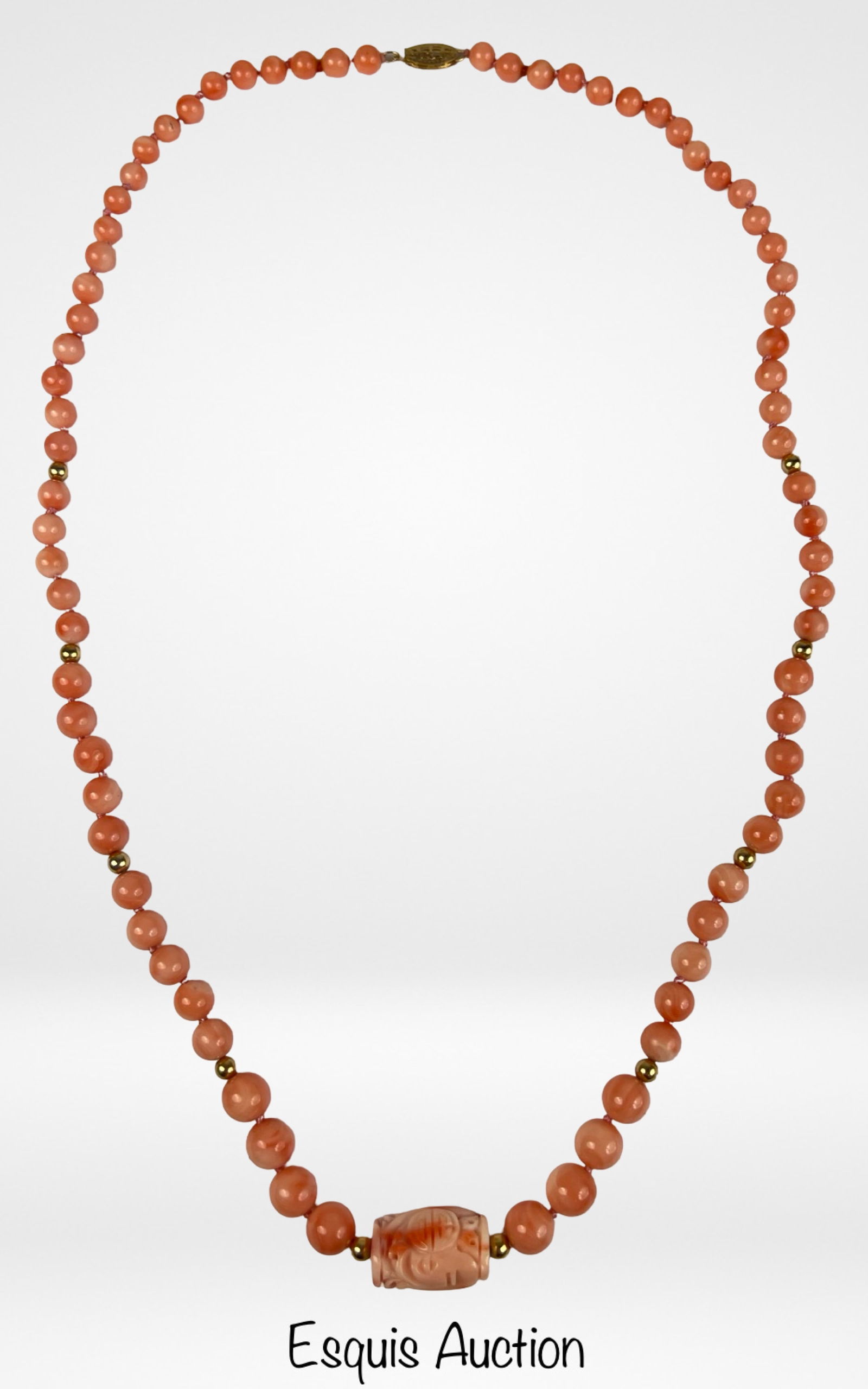 Angel Skin Coral Beaded Necklace w/ 14k Gold Clasp: Angel Skin Coral Beaded Necklace with 14k Gold Clasps and beads. 22" long. Good Condition.