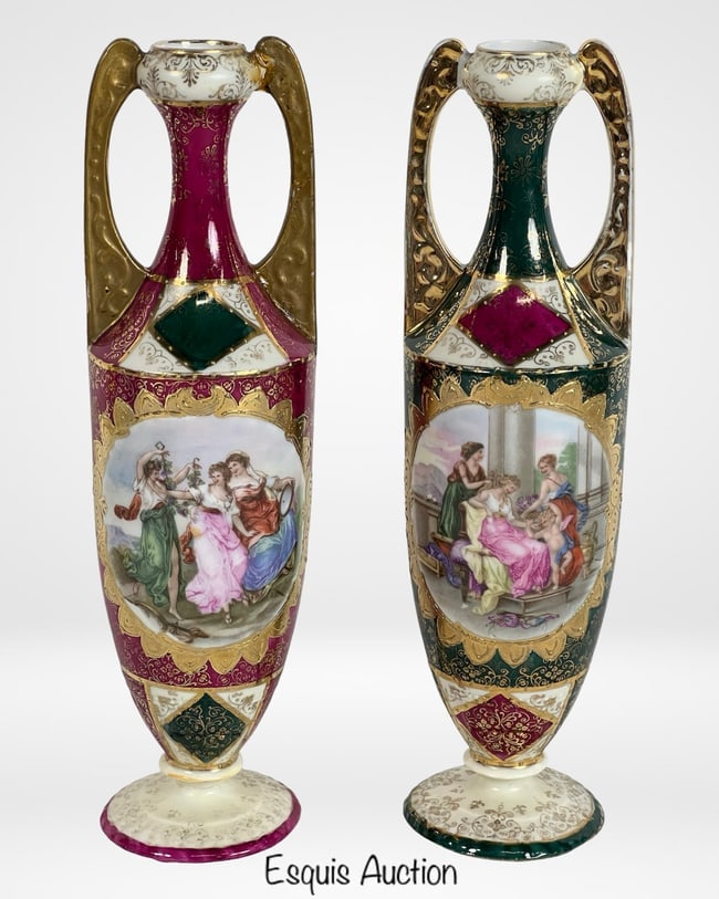 Pair of Royal Vienna Porcelain Vases: This stunning pair of Royal Vienna porcelain vases dates to the early 20th century and showcases exceptional craftsmanship and decorative artistry. Each vase features an elongated amphora form with or