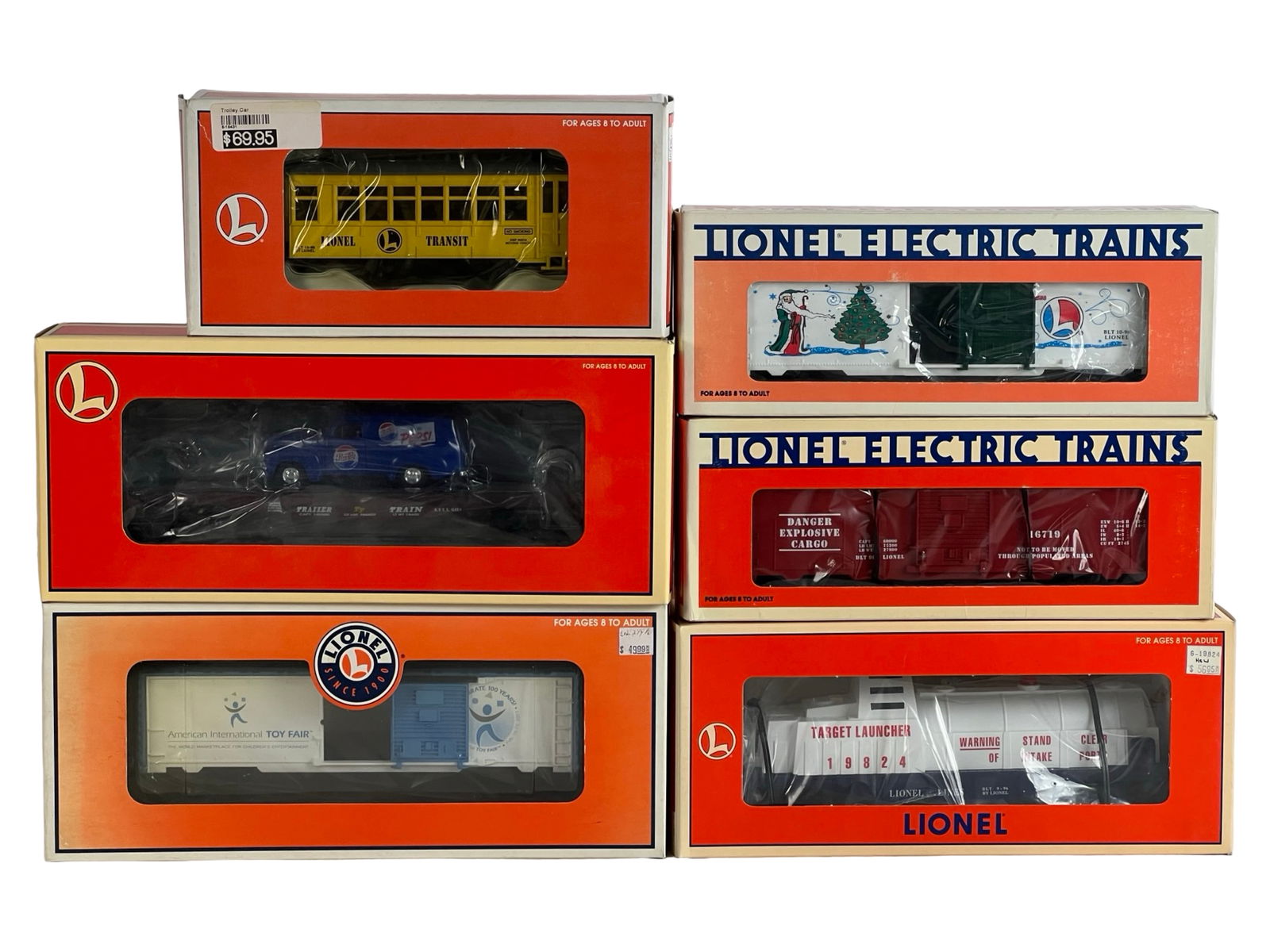 6 Lionel Electric Trains Boxcars & Trolley Car NiB (1 of 4)