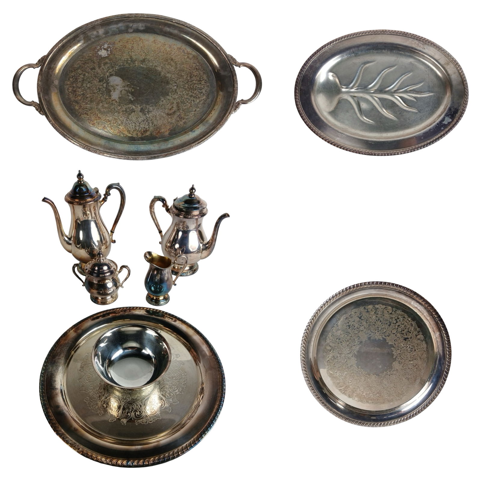 Silver-Plate Serving Pieces Coffee/ Tea Set, Trays: Group of vintage mostly silver-plated serving ware including a five-piece tea and coffee set by International Silver Company in the "Camille" pattern, featuring two teapots (tallest 11 1/2"), lidded s