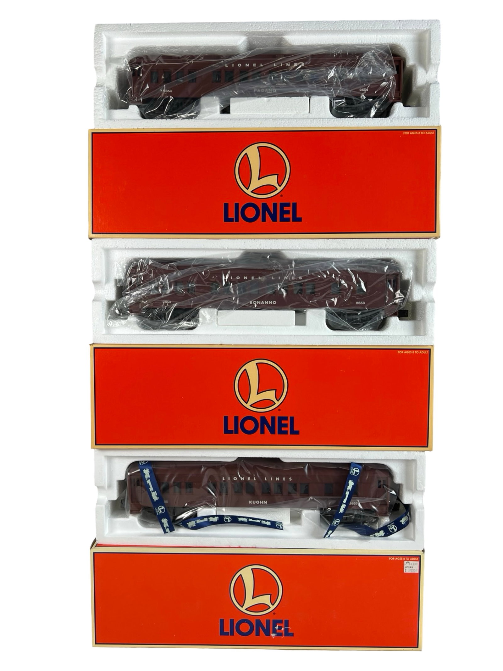 3 "Legends of Lionel" Illuminated Passenger Cars: Lot of three Lionel Lines O gauge illuminated passenger cars from the "Legends of Lionel" series. The set includes cars labeled "PARKER," "DONANNO," and "KUGHN," each featuring lighted interiors, open
