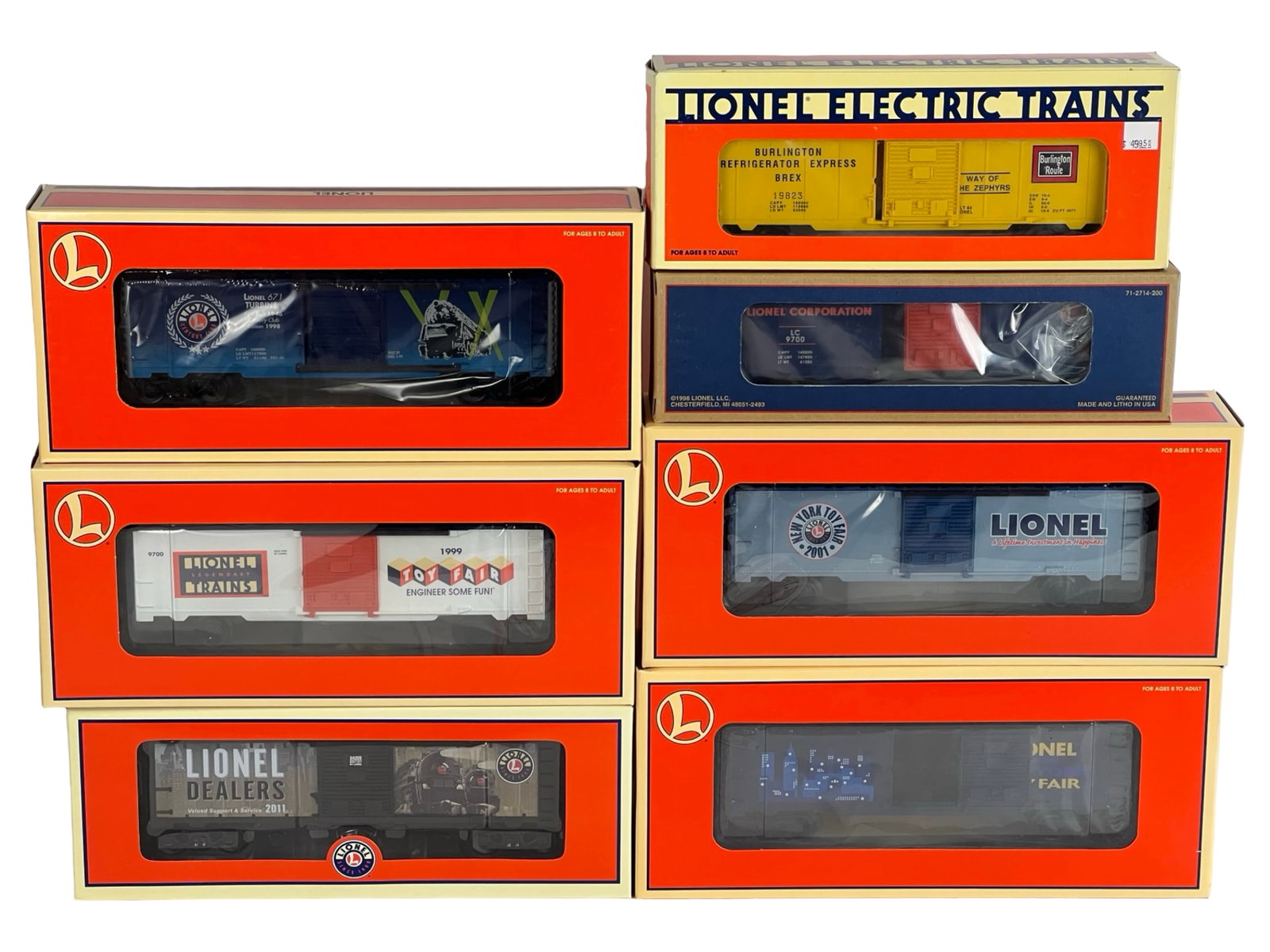 Lionel O Gauge Train Cars/ Boxcars - New: This lot includes seven Lionel O Gauge boxcars, all brand new in their original packaging and each with its matching outer shipping carton. The group features themed and commemorative editions includi