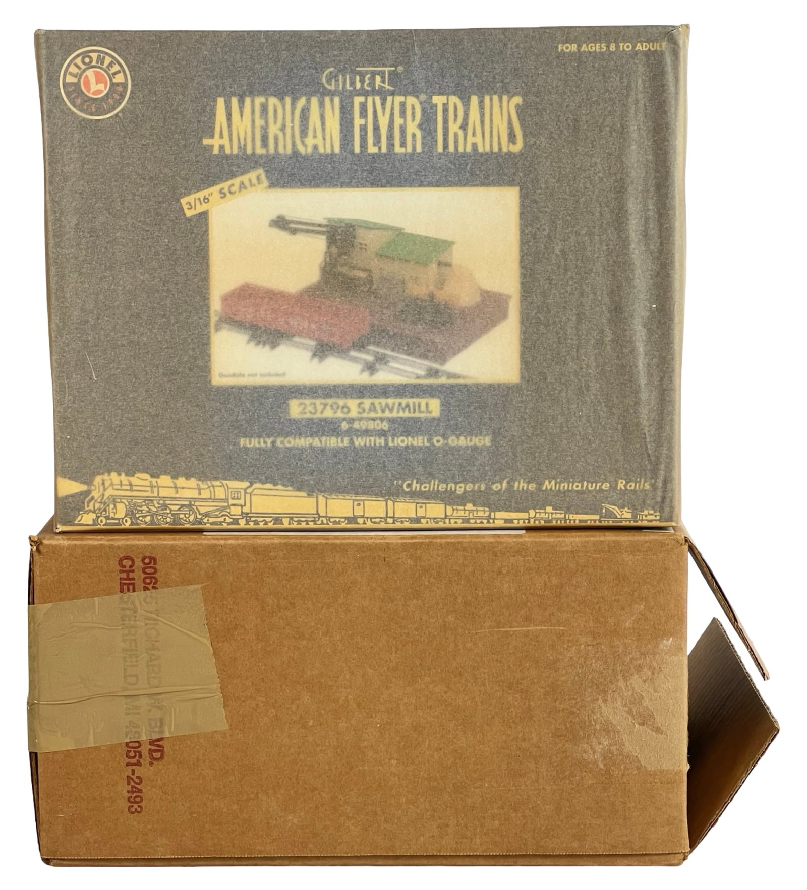 Gilbert American Flyer Trains No. 23796 Sawmill: Gilbert American Flyer Trains No. 23796 Sawmill, presented in 3/16" scale and fully compatible with Lionel O gauge systems. New.