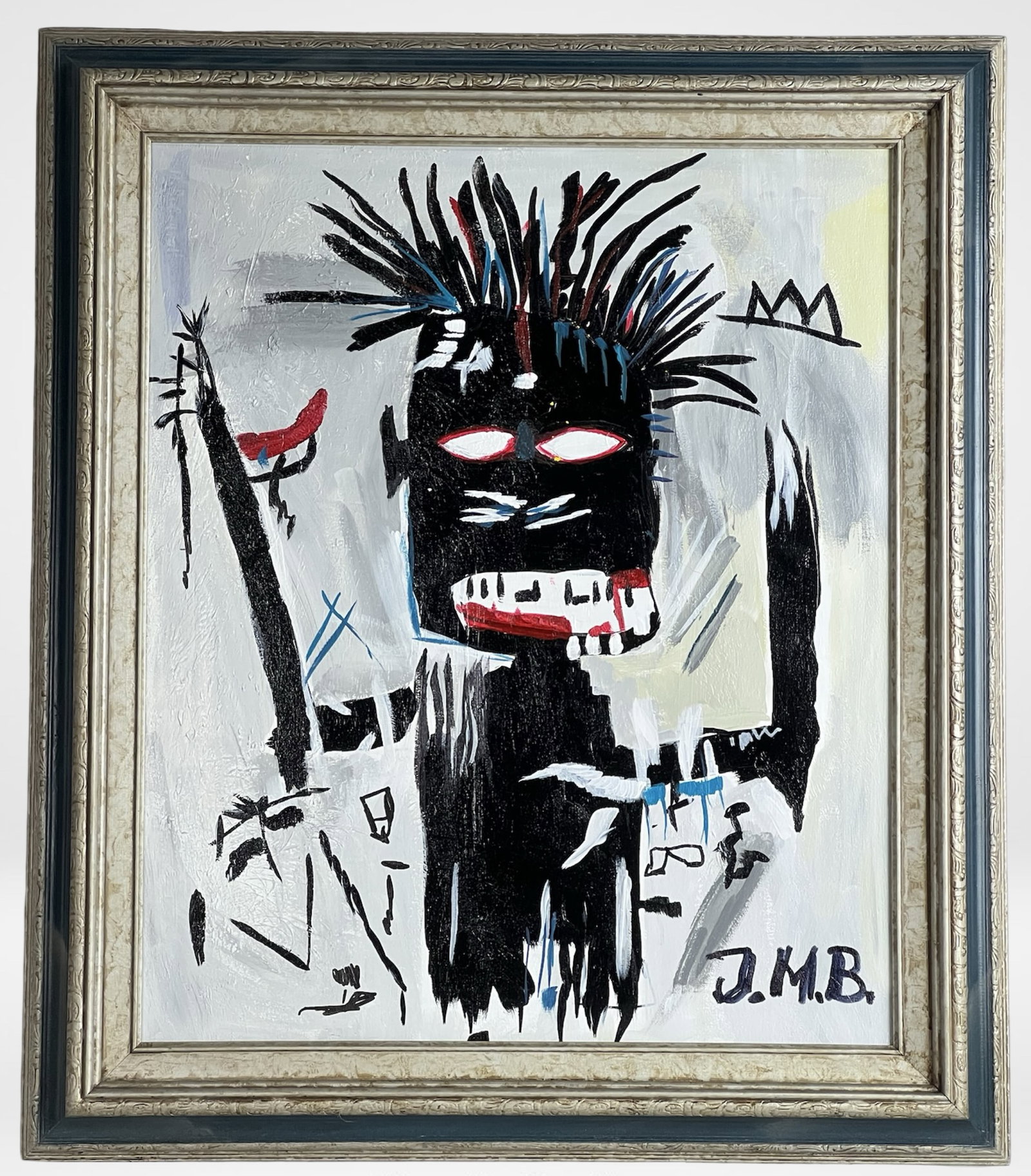 Oil Painting in the Manner of Jean-Michel Basquiat: Striking original oil painting executed in the expressive Neo-Expressionist style of Jean-Michel Basquiat. This vibrant composition features a bold central figure with exaggerated features, spiked hai