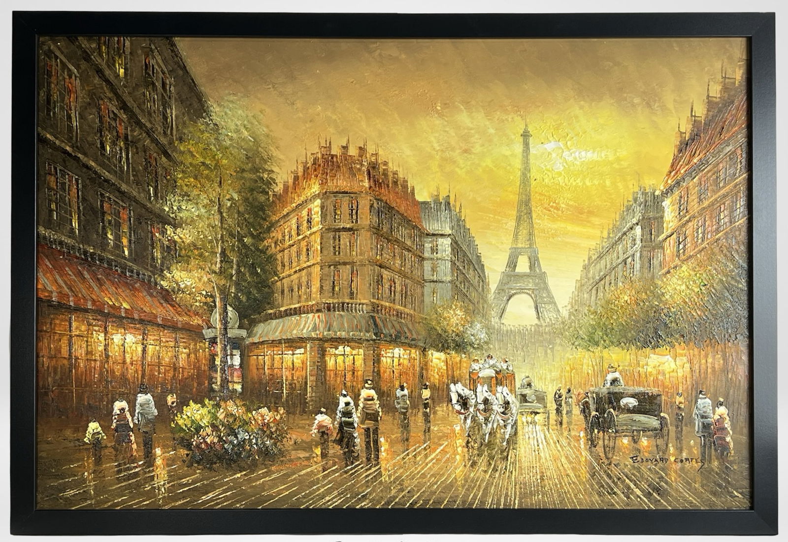 Edouard Cortès (in manner) Parisian Oil Painting: Evocative oil painting on canvas in the manner of Edouard Cortès, depicting a glowing Parisian boulevard at sunset with the Eiffel Tower rising in the distance. Rendered with dramatic palette knife t