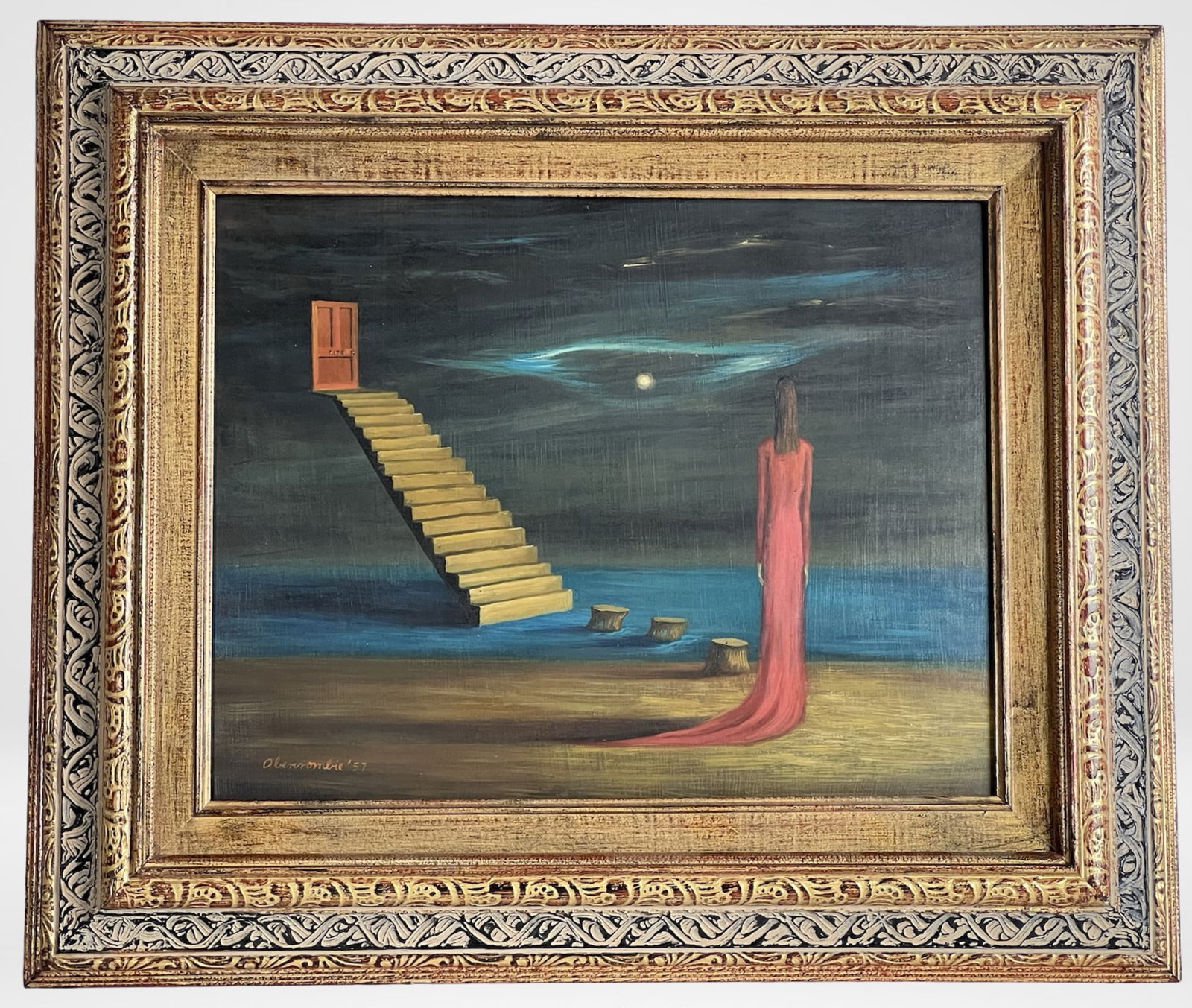 Gertrude Abercrombie (attrib) Surrealist Painting: Atmospheric and enigmatic, this surrealist oil painting on masonite titled Eternal Waiting is attributed to Gertrude Abercrombie and dated 1957. The composition features a lone female figure in a long